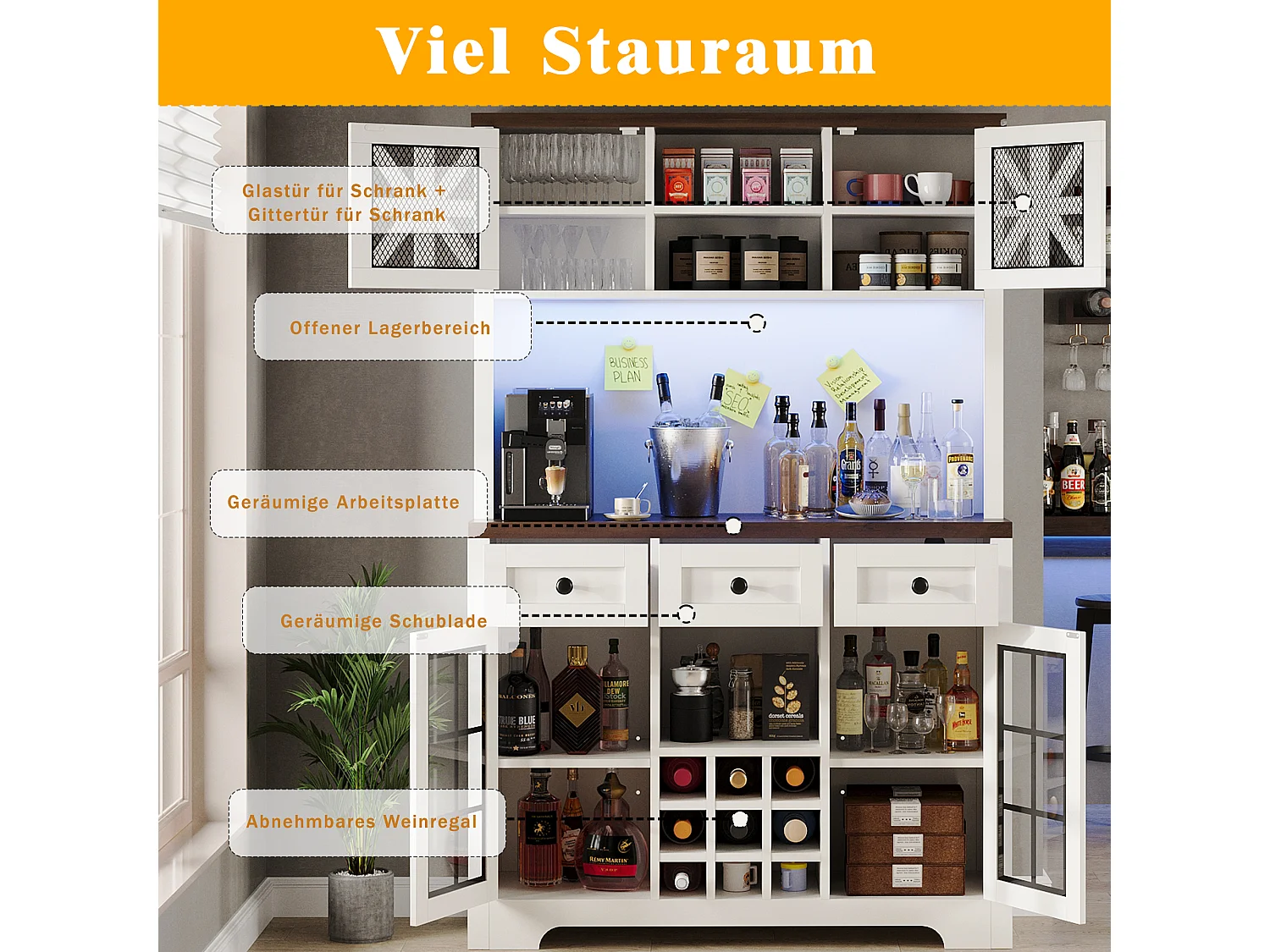 Moderne keukenkast met ademende mesh-deuren & LED - hoge kast met wijnrek en verstelbare planken - wit