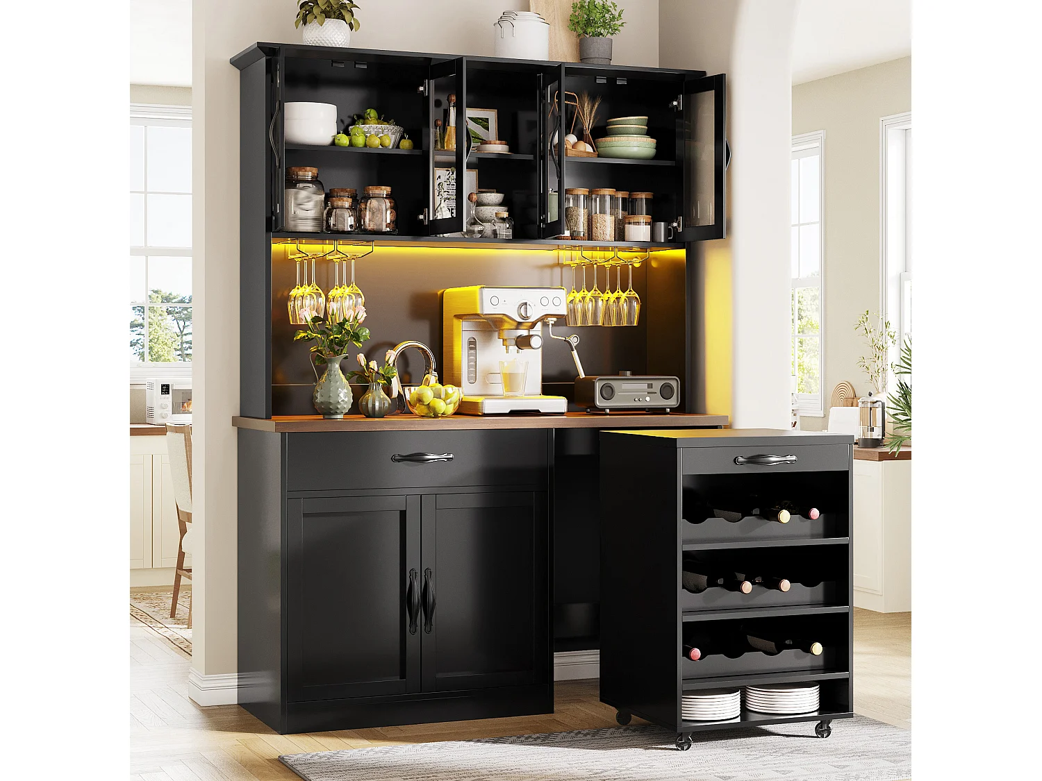 Buffet de Cuisine Haut 140x180cm avec Desserte à Roulettes Amovible, avec LED, Casier à Vin et Prises USB - Noir
