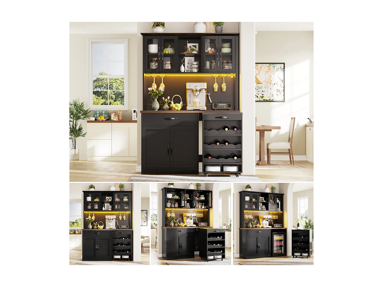 Buffet de Cuisine Haut 140x180cm avec Desserte à Roulettes Amovible, avec LED, Casier à Vin et Prises USB - Noir
