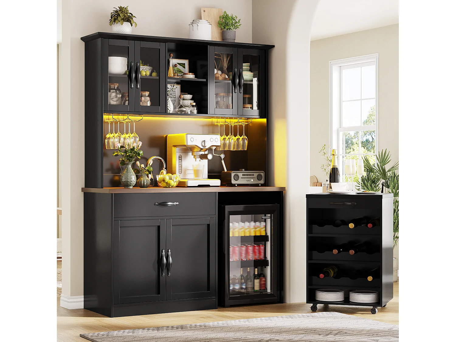 Buffet de Cuisine Haut 140x180cm avec Desserte à Roulettes Amovible, avec LED, Casier à Vin et Prises USB - Noir
