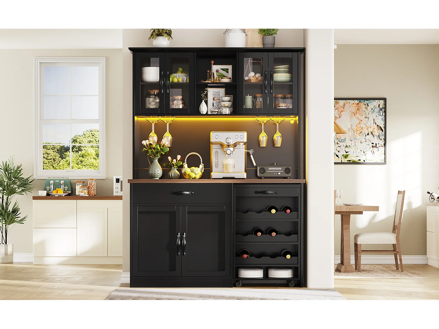Buffet de Cuisine Haut 140x180cm avec Desserte à Roulettes Amovible, avec LED, Casier à Vin et Prises USB - Noir