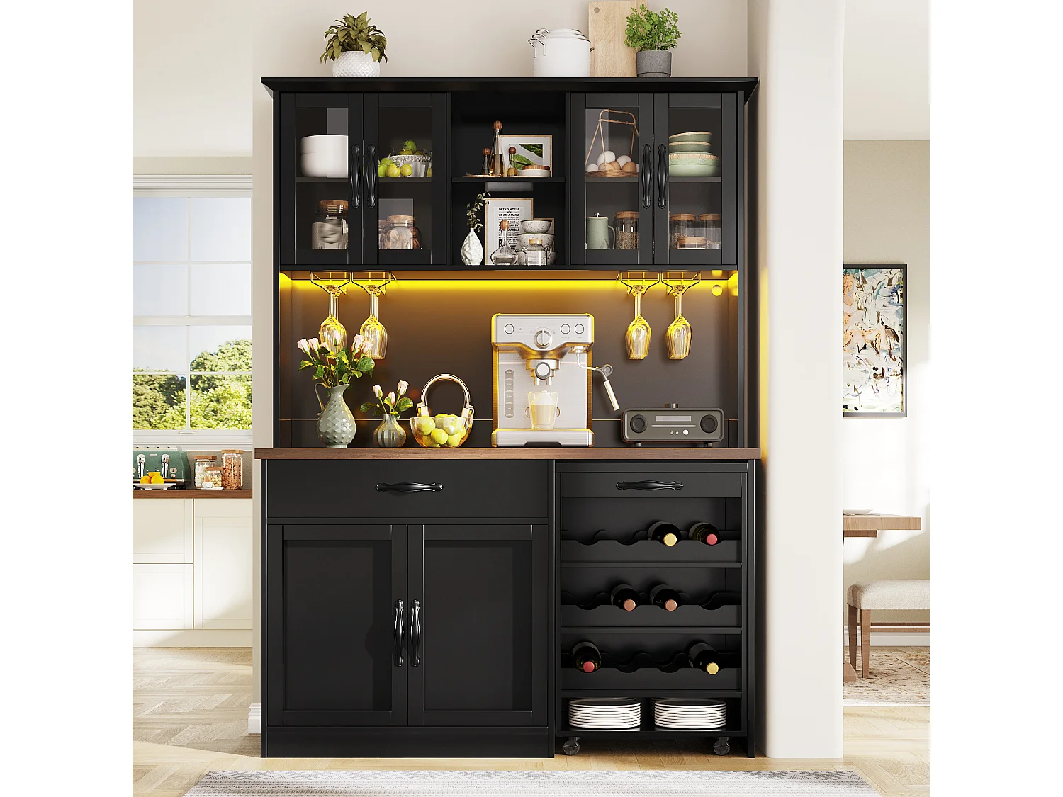 Buffet de Cuisine Haut 140x180cm avec Desserte à Roulettes Amovible, avec LED, Casier à Vin et Prises USB - Noir