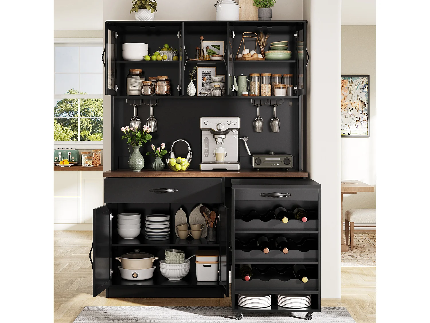 Buffet de Cuisine Haut 140x180cm avec Desserte à Roulettes Amovible, avec LED, Casier à Vin et Prises USB - Noir