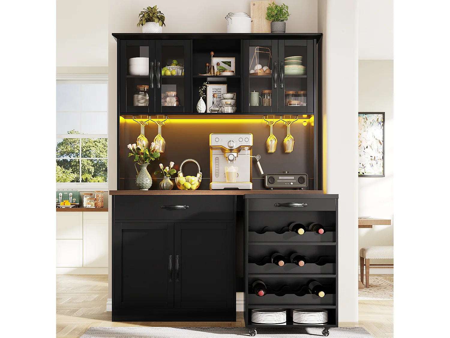 Buffet de Cuisine Haut 140x180cm avec Desserte à Roulettes Amovible, avec LED, Casier à Vin et Prises USB - Noir