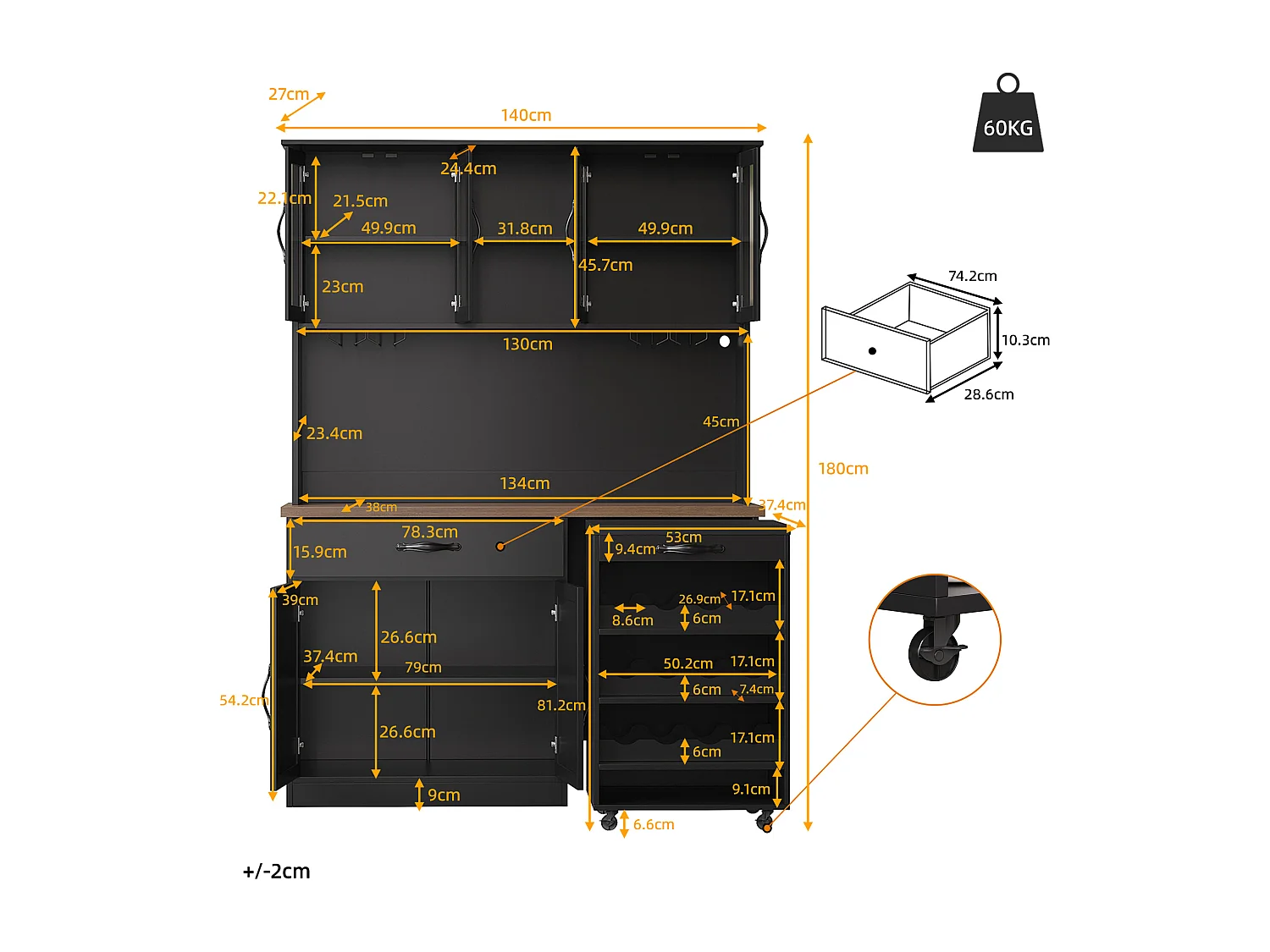 Buffet de Cuisine Haut 140x180cm avec Desserte à Roulettes Amovible, avec LED, Casier à Vin et Prises USB - Noir