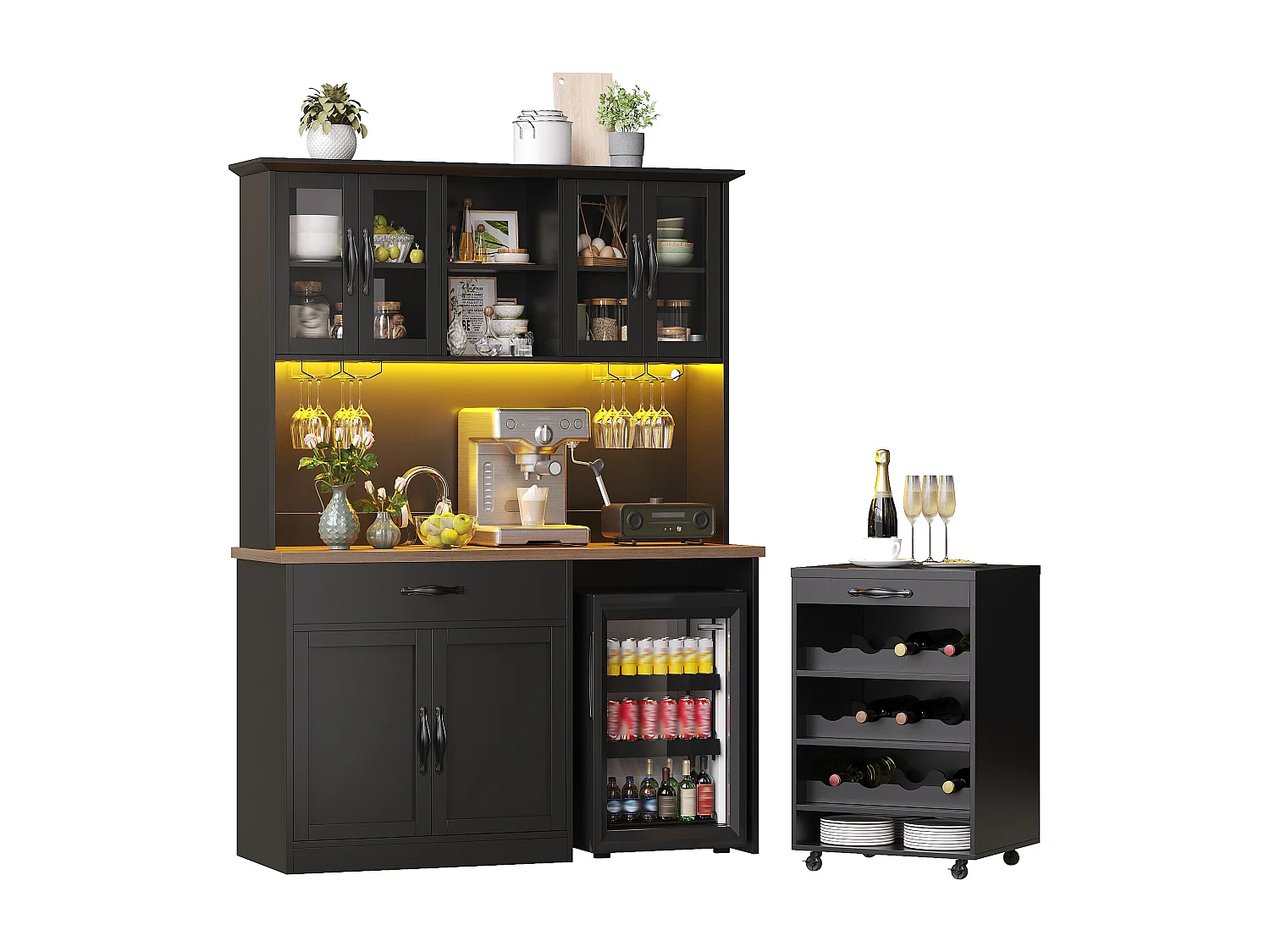 Buffet de Cuisine Haut 140x180cm avec Desserte à Roulettes Amovible, avec LED, Casier à Vin et Prises USB - Noir
