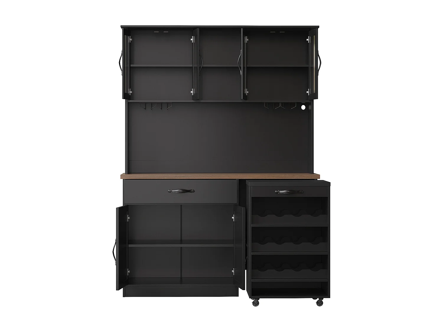 Buffet de Cuisine Haut 140x180cm avec Desserte à Roulettes Amovible, avec LED, Casier à Vin et Prises USB - Noir