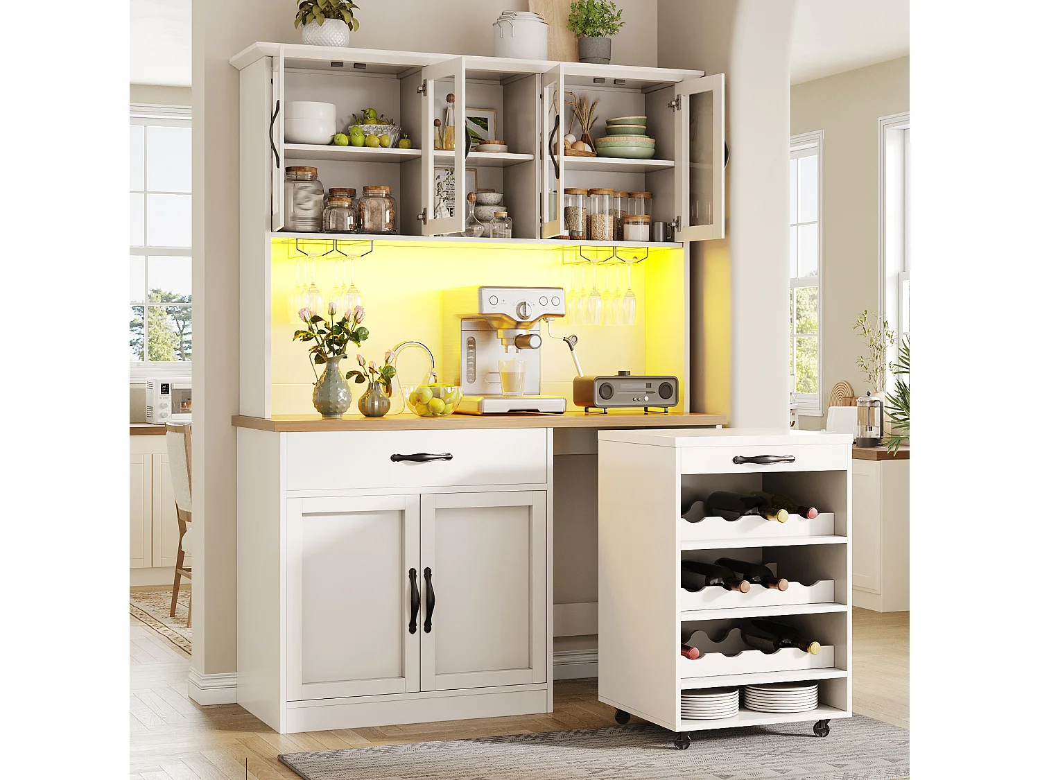Buffet de Cuisine Haut 140x180cm avec Desserte à Roulettes Amovible, avec LED, Casier à Vin et Prises USB - Blanc