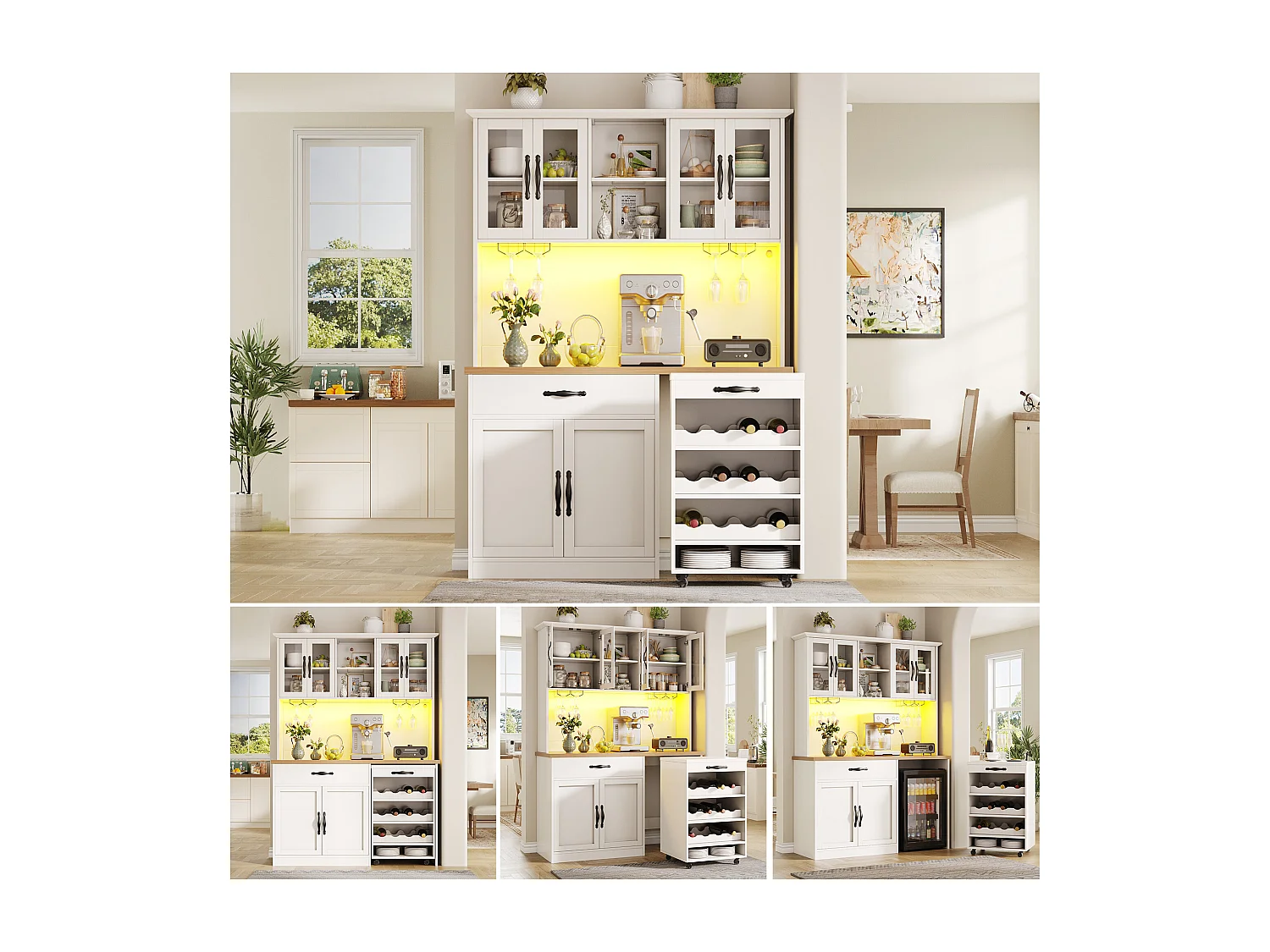 Buffet de Cuisine Haut 140x180cm avec Desserte à Roulettes Amovible, avec LED, Casier à Vin et Prises USB - Blanc