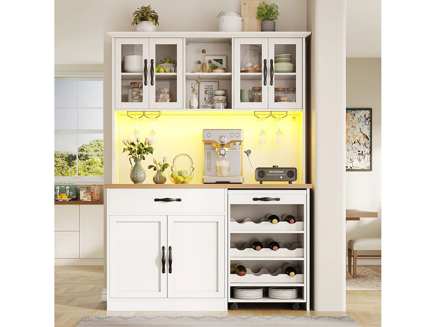 Buffet de Cuisine Haut 140x180cm avec Desserte à Roulettes Amovible, avec LED, Casier à Vin et Prises USB - Blanc