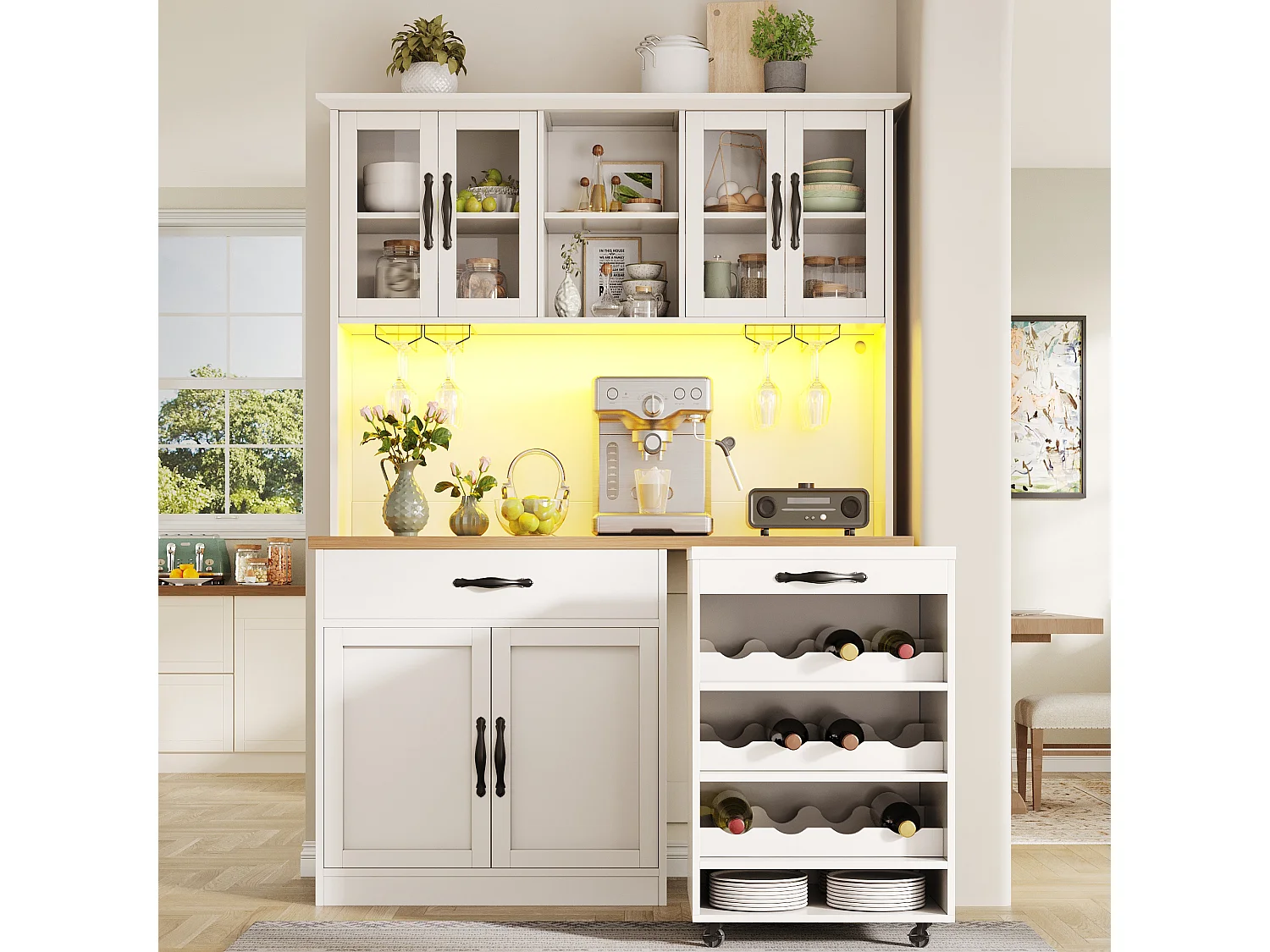 Buffet de Cuisine Haut 140x180cm avec Desserte à Roulettes Amovible, avec LED, Casier à Vin et Prises USB - Blanc