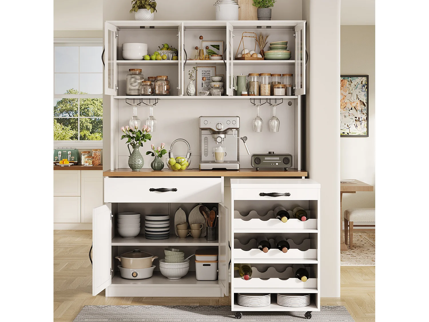 Buffet de Cuisine Haut 140x180cm avec Desserte à Roulettes Amovible, avec LED, Casier à Vin et Prises USB - Blanc