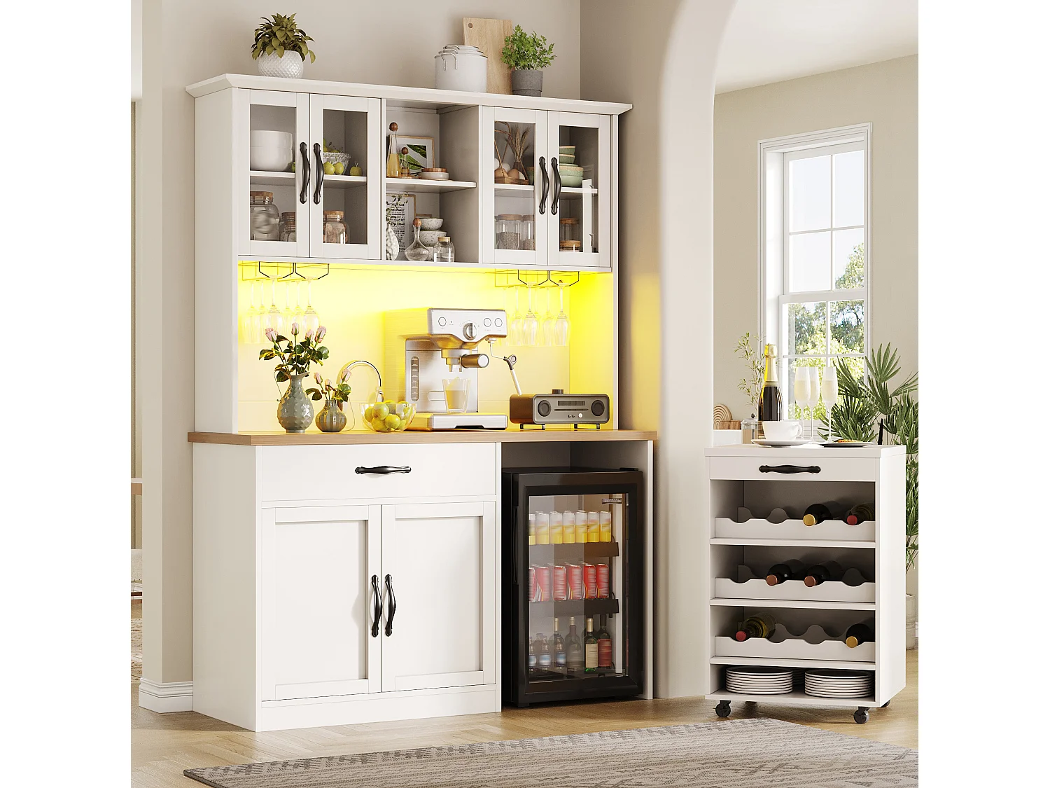 Buffet de Cuisine Haut 140x180cm avec Desserte à Roulettes Amovible, avec LED, Casier à Vin et Prises USB - Blanc