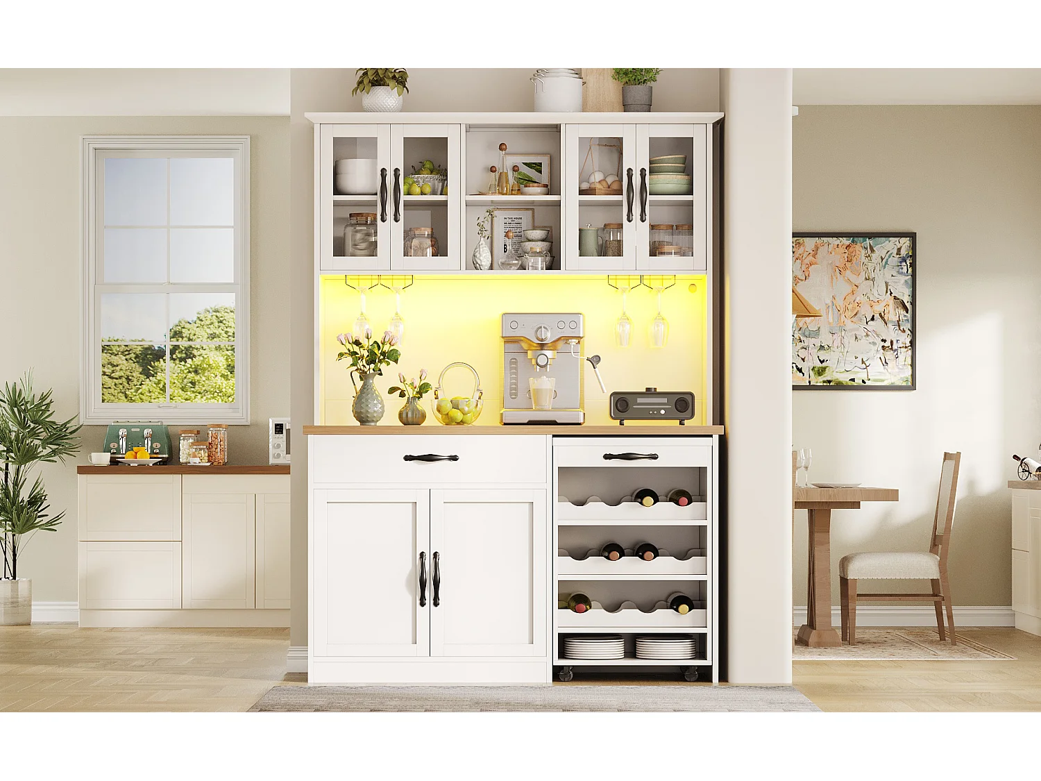 Buffet de Cuisine Haut 140x180cm avec Desserte à Roulettes Amovible, avec LED, Casier à Vin et Prises USB - Blanc