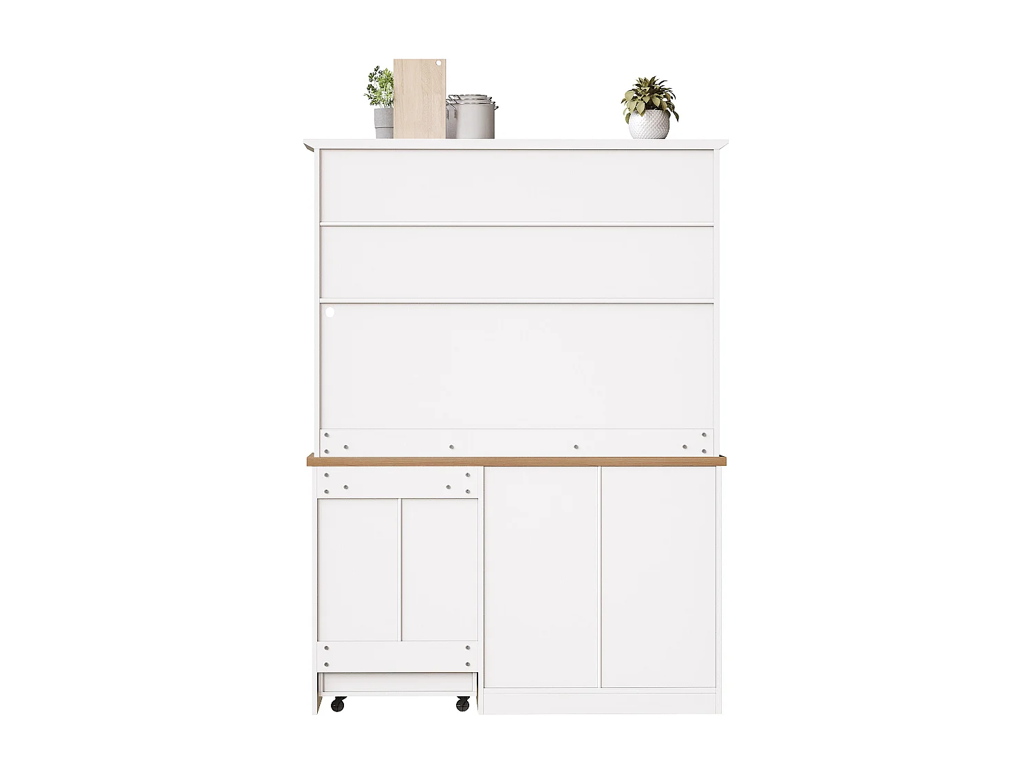 Buffet de Cuisine Haut 140x180cm avec Desserte à Roulettes Amovible, avec LED, Casier à Vin et Prises USB - Blanc