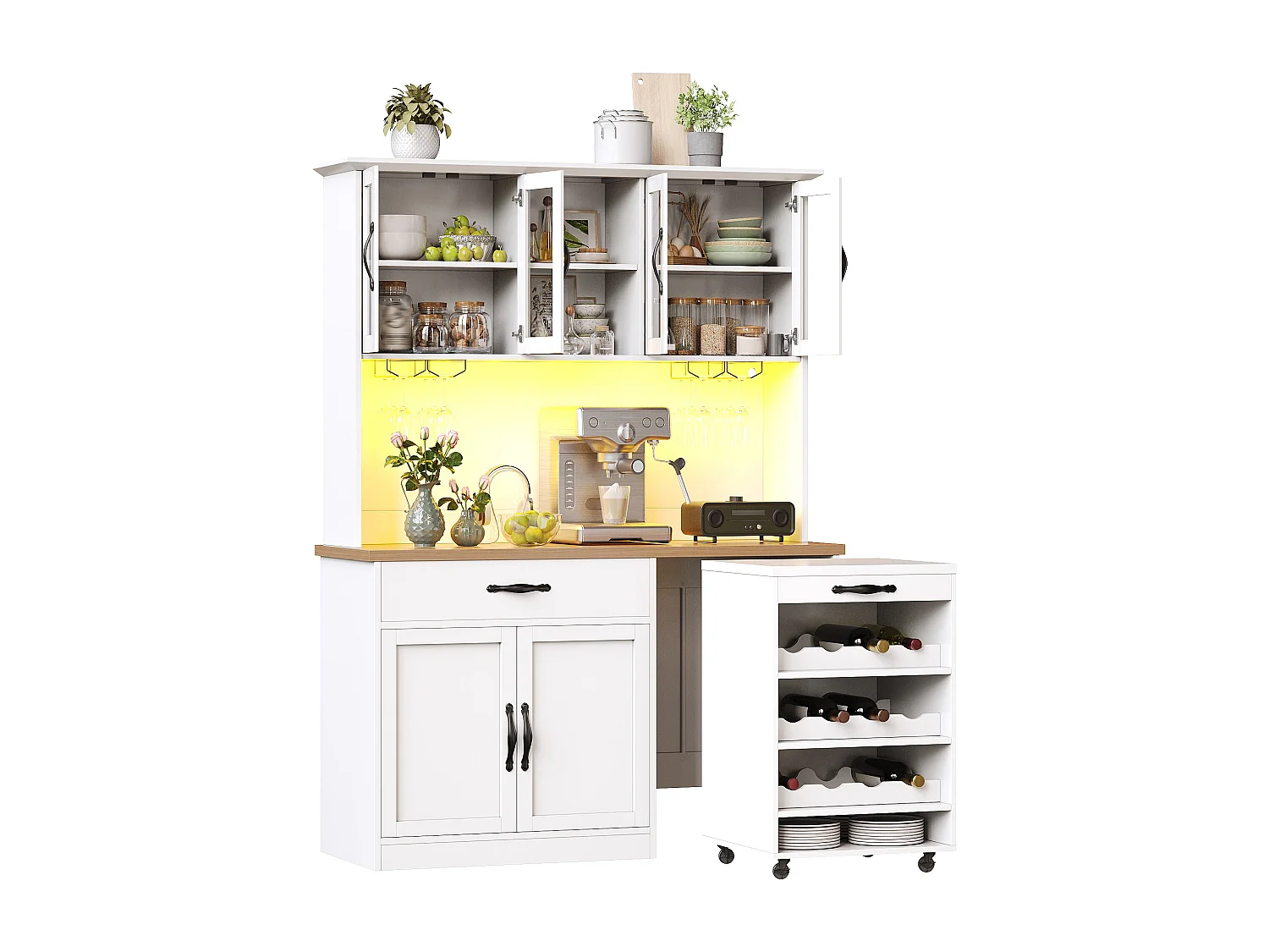 Buffet de Cuisine Haut 140x180cm avec Desserte à Roulettes Amovible, avec LED, Casier à Vin et Prises USB - Blanc