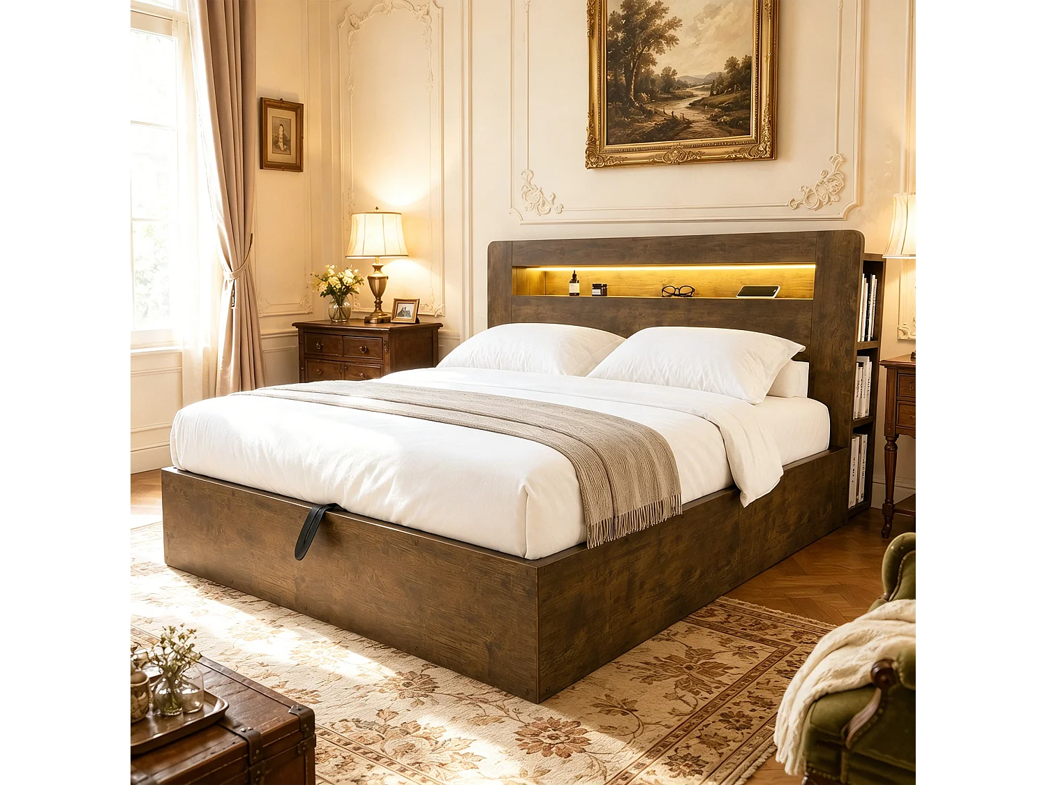 Lit coffre en bois 180x200cm - avec tête de lit LED - avec prise intégrée - avec compartiments de rangement - naturel (matelas non inclus)