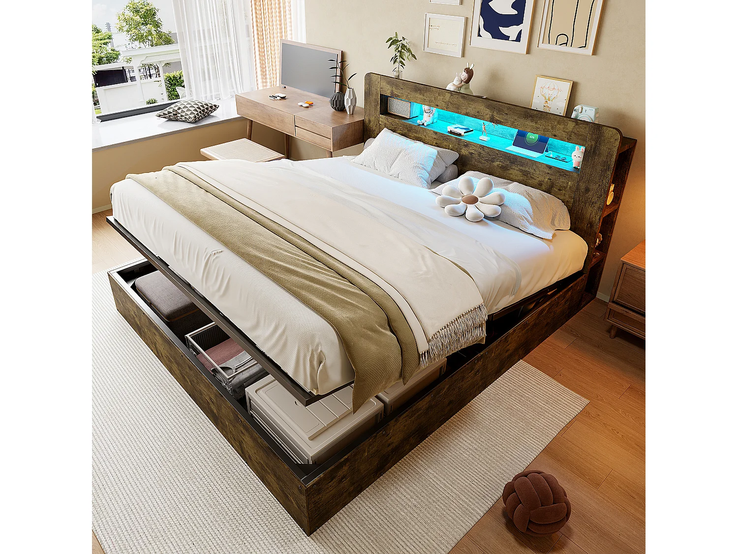 Lit coffre en bois 180x200cm - avec tête de lit LED - avec prise intégrée - avec compartiments de rangement - naturel (matelas non inclus)
