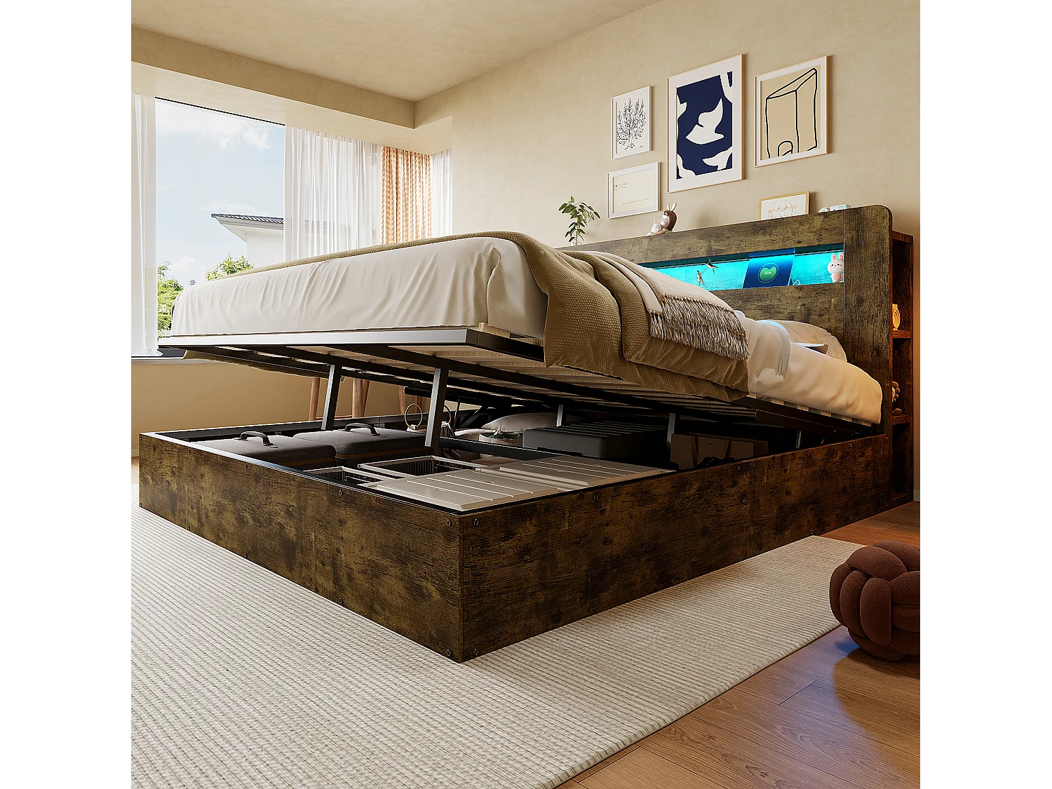 Lit coffre en bois 180x200cm - avec tête de lit LED - avec prise intégrée - avec compartiments de rangement - naturel (matelas non inclus)
