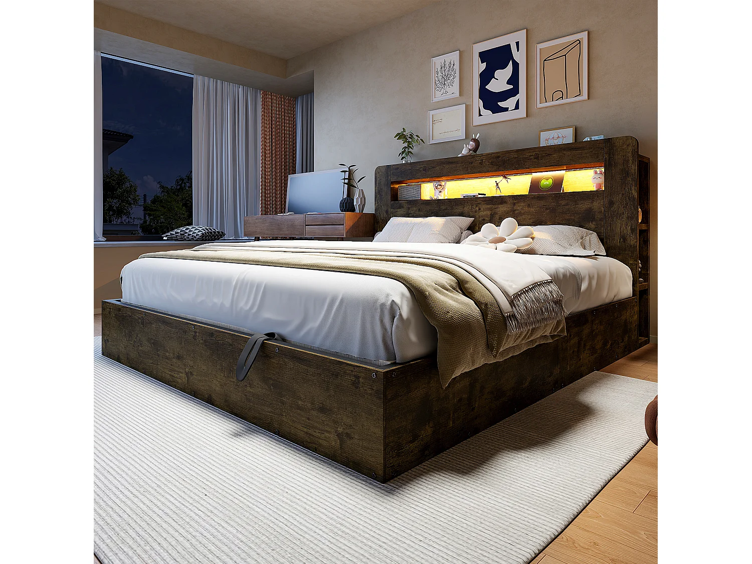 Lit coffre en bois 180x200cm - avec tête de lit LED - avec prise intégrée - avec compartiments de rangement - naturel (matelas non inclus)