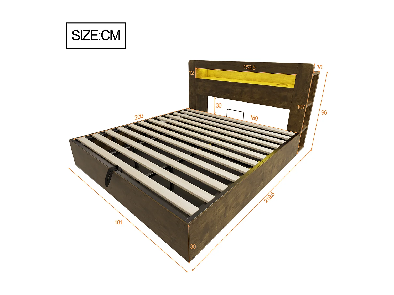 Lit coffre en bois 180x200cm - avec tête de lit LED - avec prise intégrée - avec compartiments de rangement - naturel (matelas non inclus)