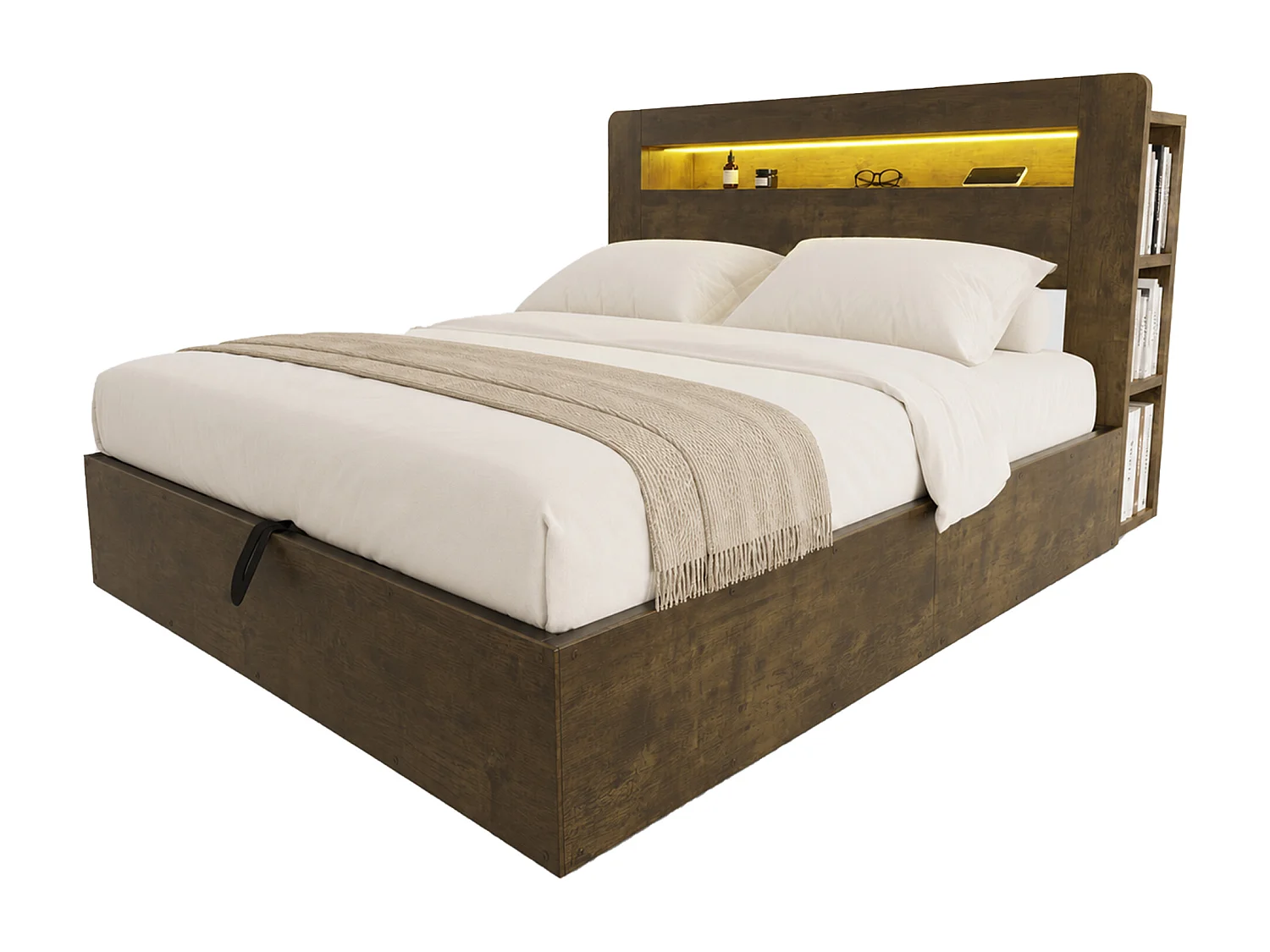 Lit coffre en bois 180x200cm - avec tête de lit LED - avec prise intégrée - avec compartiments de rangement - naturel (matelas non inclus)