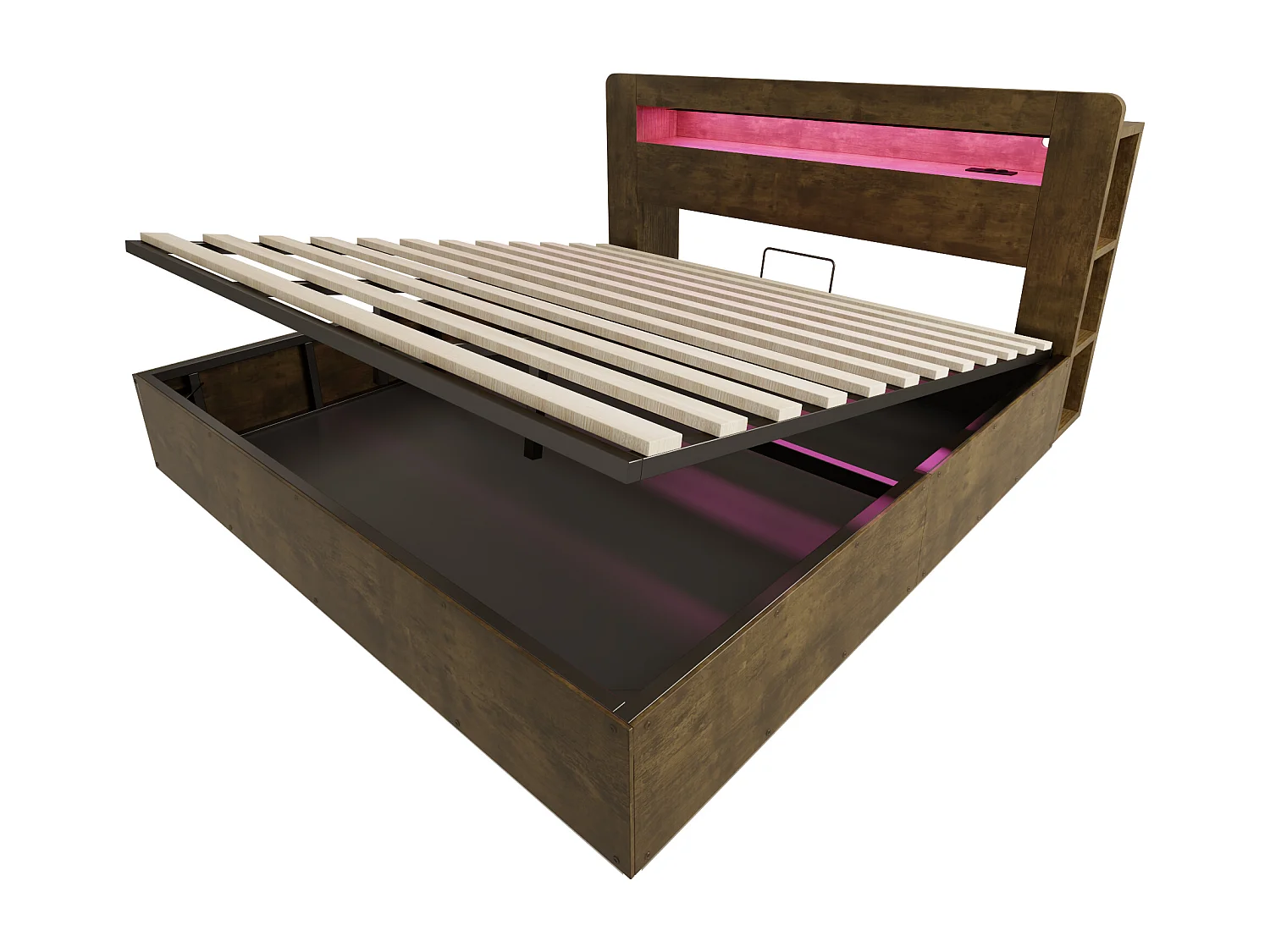Lit coffre en bois 180x200cm - avec tête de lit LED - avec prise intégrée - avec compartiments de rangement - naturel (matelas non inclus)