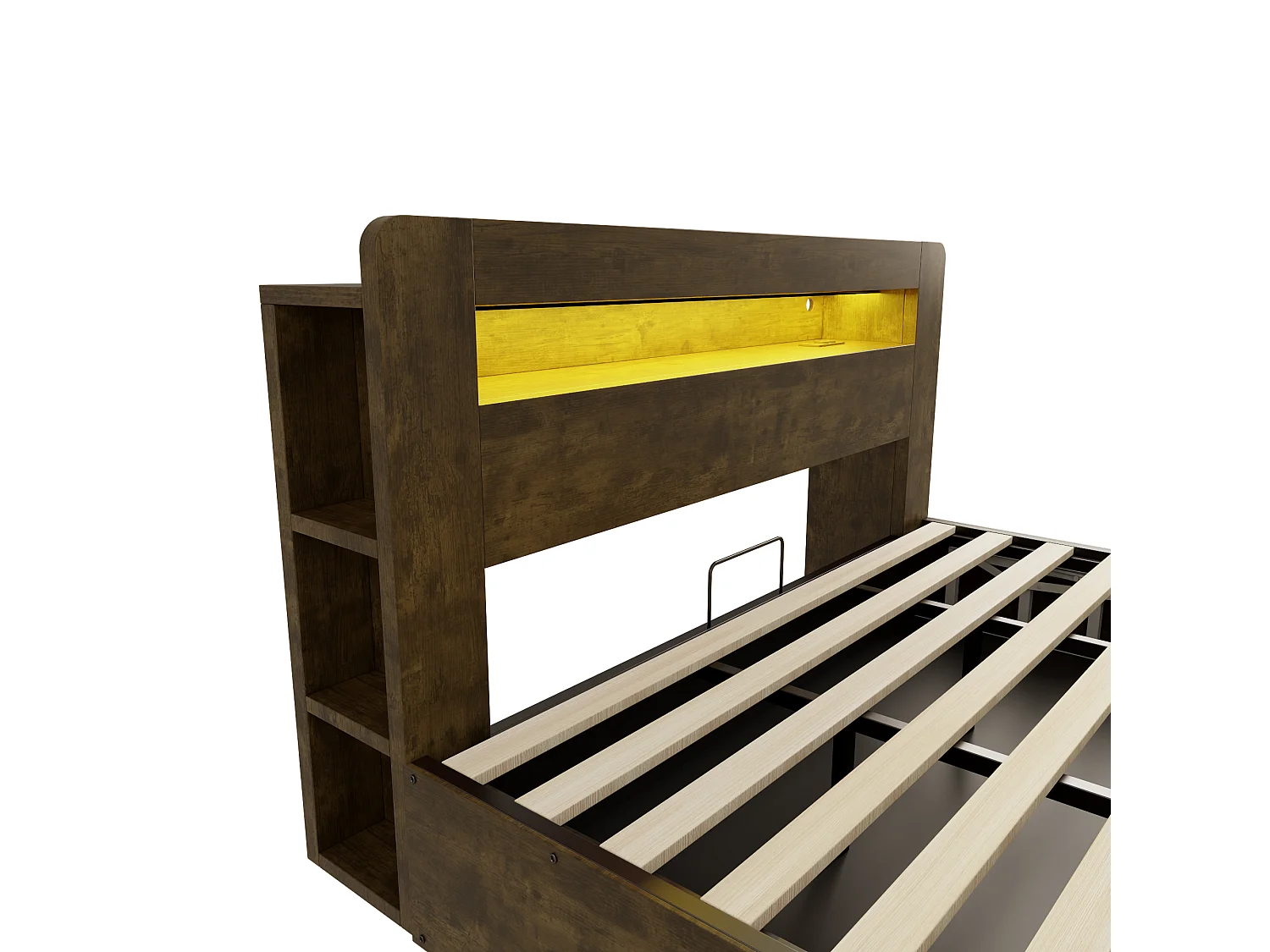 Lit coffre en bois 180x200cm - avec tête de lit LED - avec prise intégrée - avec compartiments de rangement - naturel (matelas non inclus)