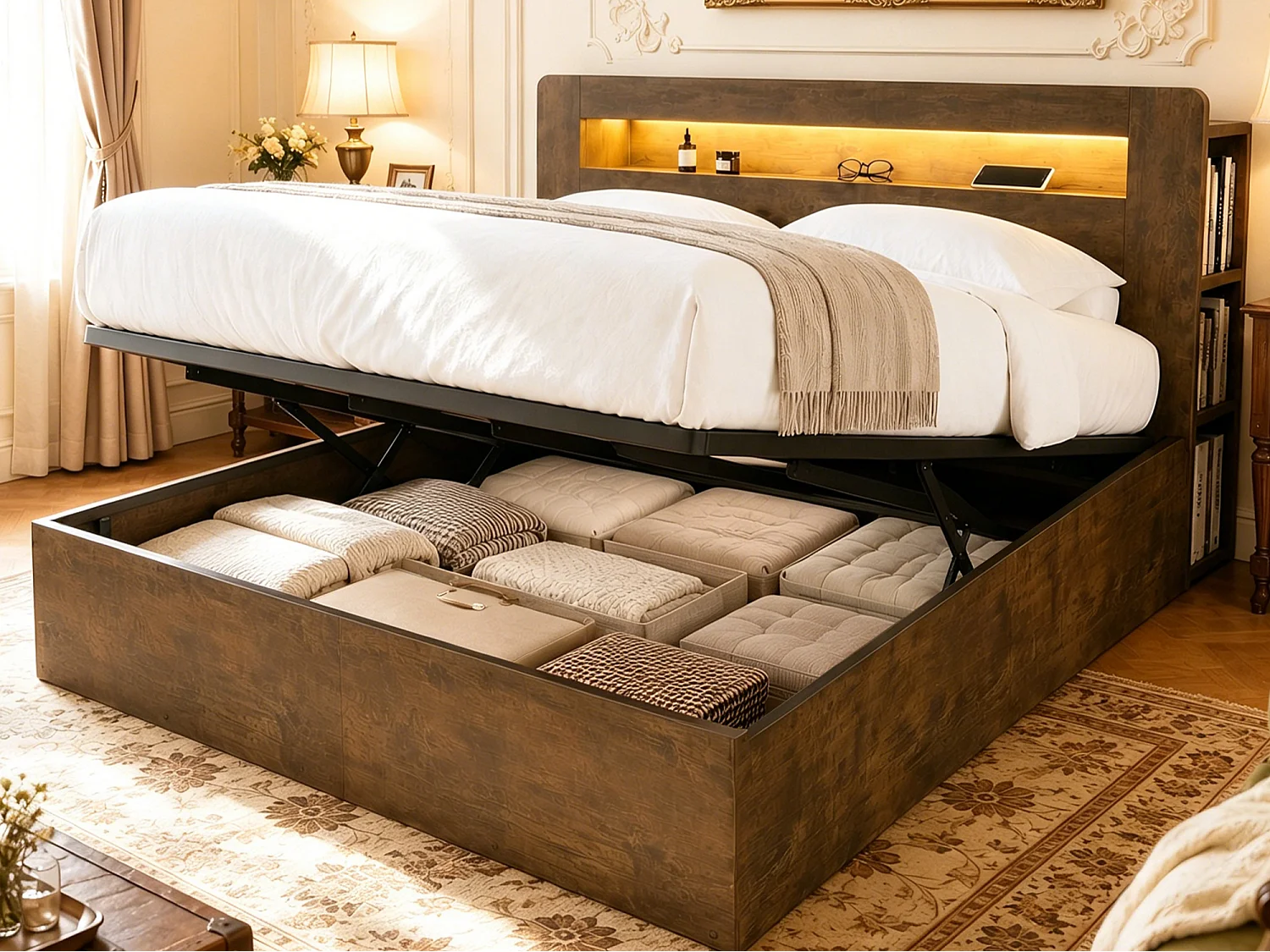 Lit coffre en bois 180x200cm - avec tête de lit LED - avec prise intégrée - avec compartiments de rangement - naturel (matelas non inclus)