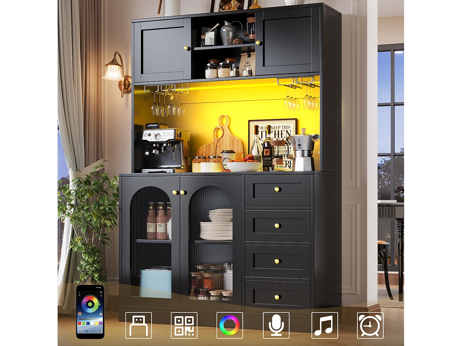 Credenza da cucina 120x188cm con LED, vetro scanalato, supporto per bevande e snack, 4 ante e maniglie dorate - nero