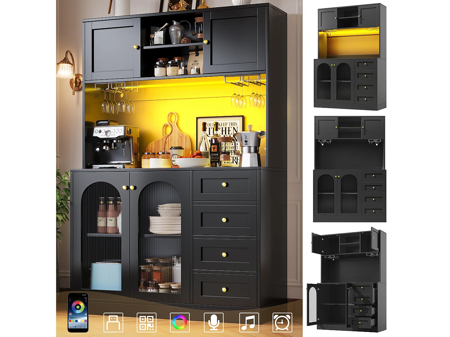 Credenza da cucina 120x188cm con LED, vetro scanalato, supporto per bevande e snack, 4 ante e maniglie dorate - nero