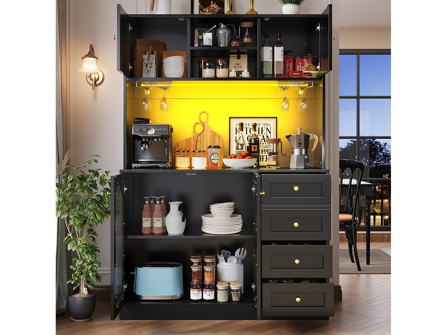 Credenza da cucina 120x188cm con LED, vetro scanalato, supporto per bevande e snack, 4 ante e maniglie dorate - nero