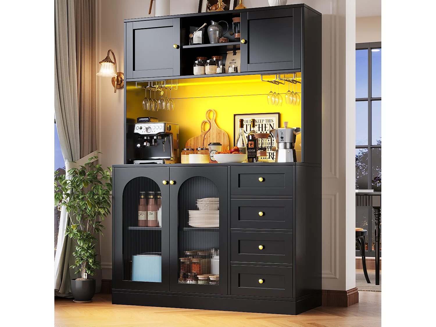 Credenza da cucina 120x188cm con LED, vetro scanalato, supporto per bevande e snack, 4 ante e maniglie dorate - nero