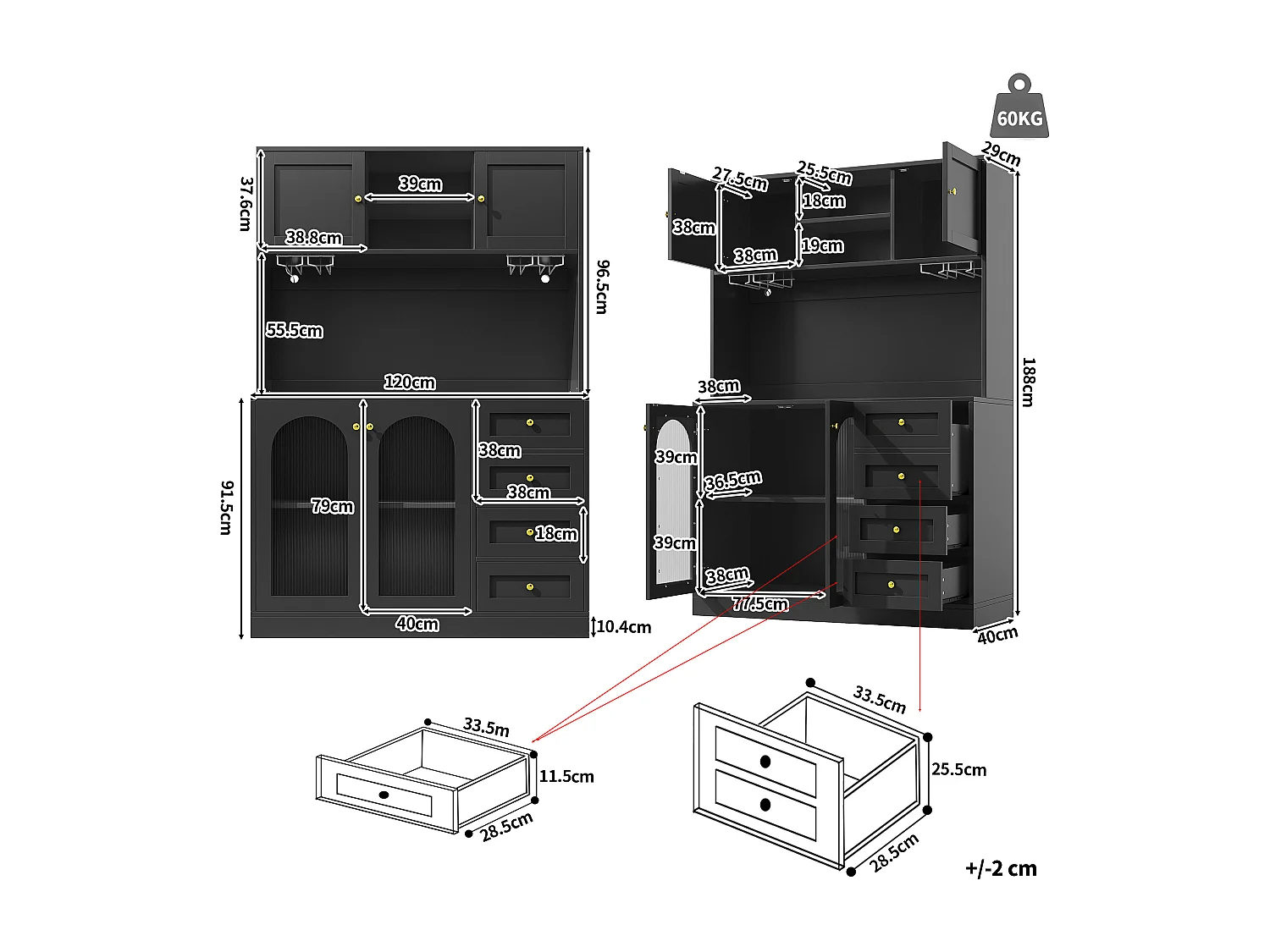 Credenza da cucina 120x188cm con LED, vetro scanalato, supporto per bevande e snack, 4 ante e maniglie dorate - nero