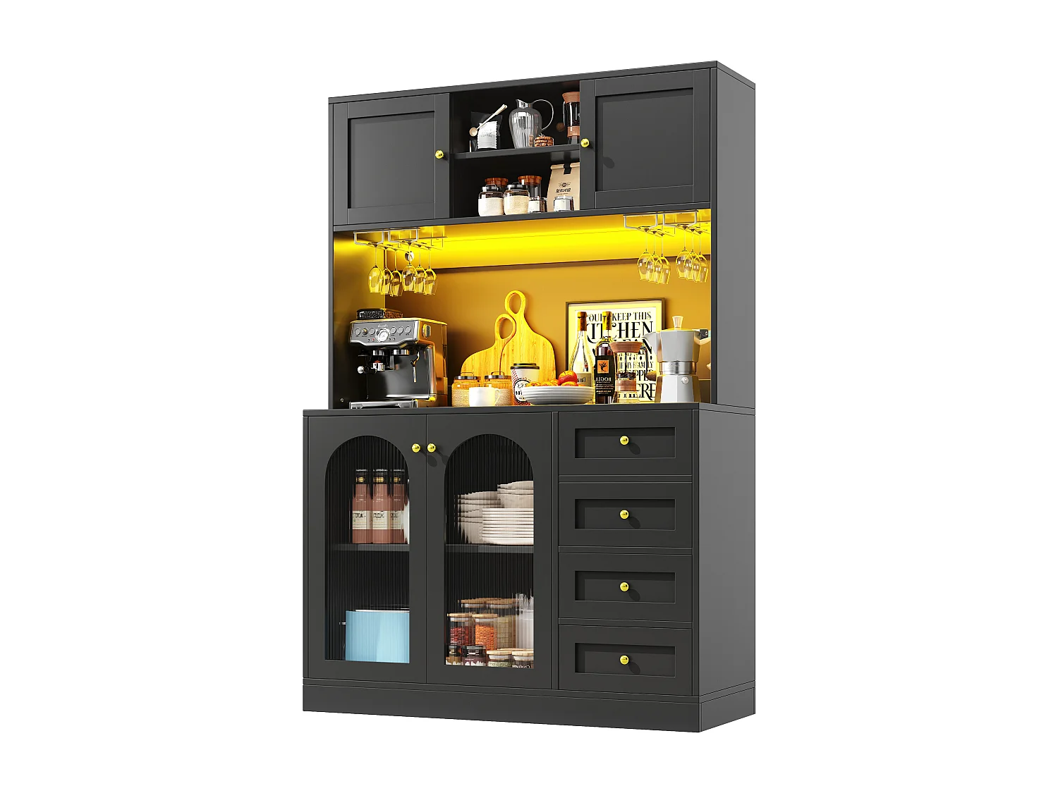 Credenza da cucina 120x188cm con LED, vetro scanalato, supporto per bevande e snack, 4 ante e maniglie dorate - nero
