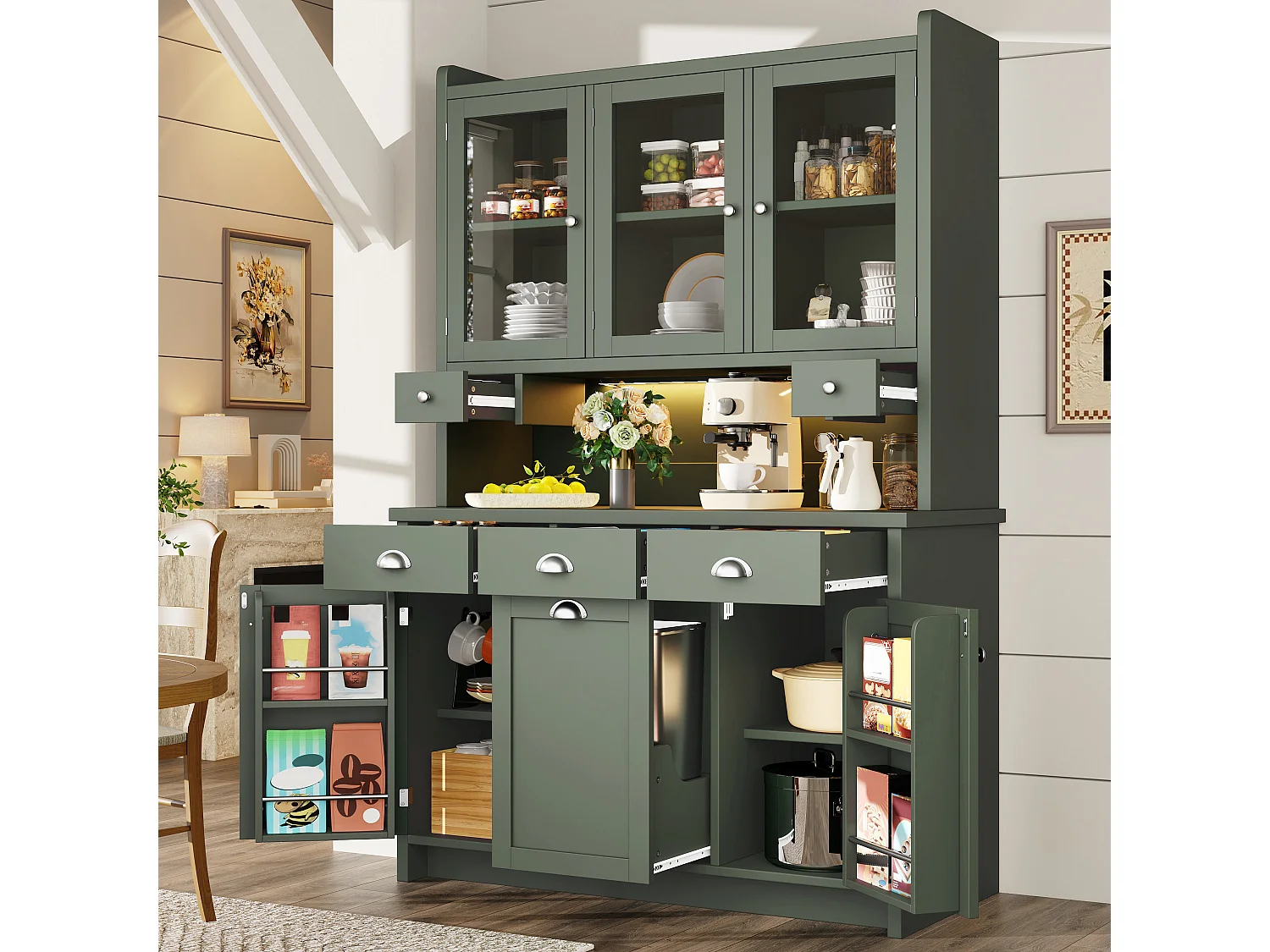 Buffet de Cuisine 120x180cm avec LED, Armoire de Rangement avec Plan de Travail, 3 Tiroirs et 3 Portes en Verre - Vert