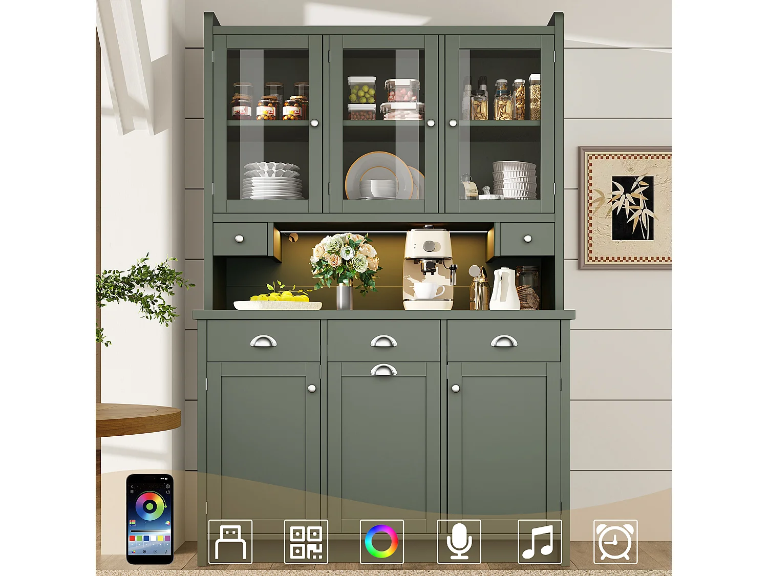 Buffet de Cuisine 120x180cm avec LED, Armoire de Rangement avec Plan de Travail, 3 Tiroirs et 3 Portes en Verre - Vert