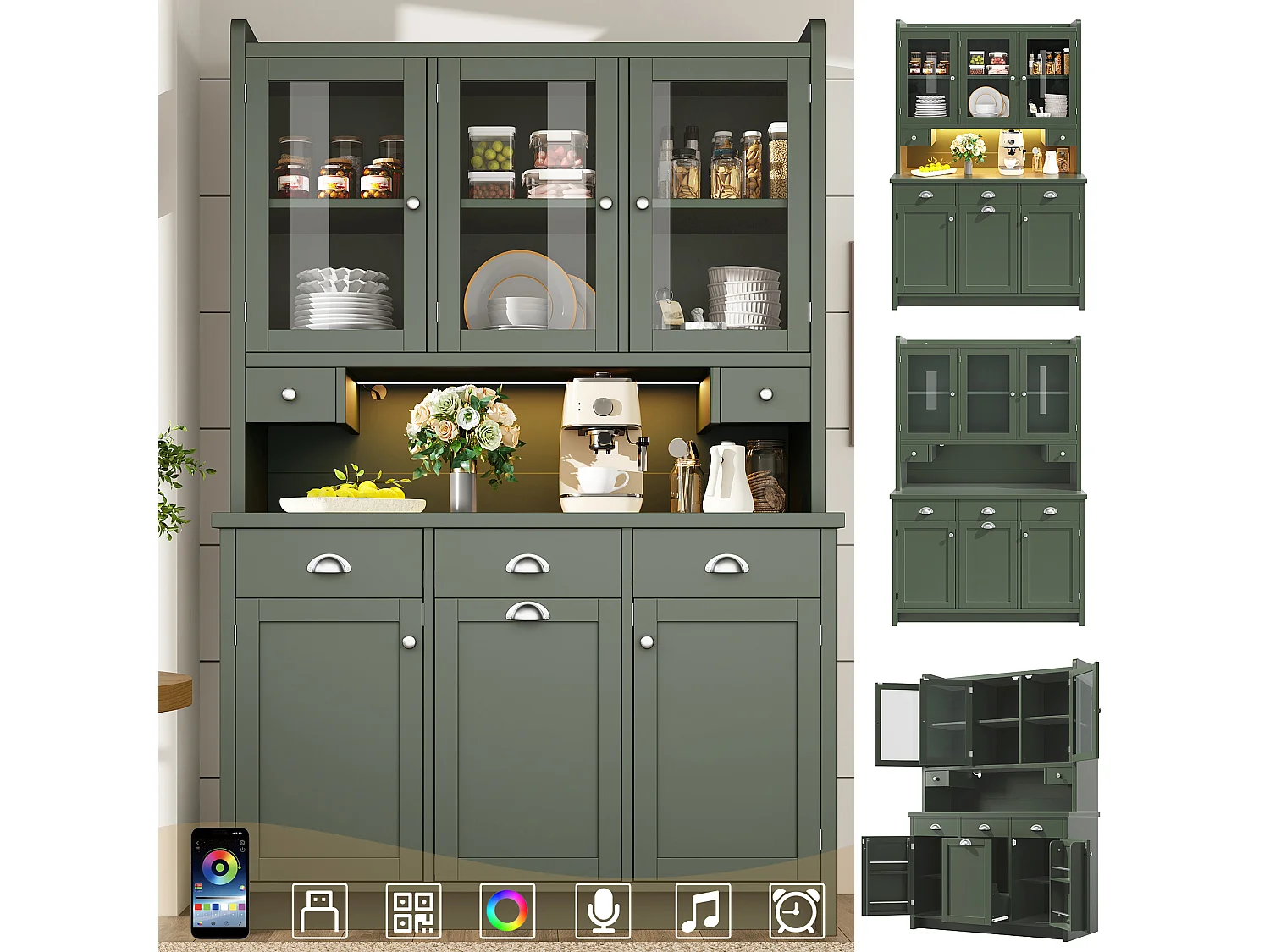 Buffet de Cuisine 120x180cm avec LED, Armoire de Rangement avec Plan de Travail, 3 Tiroirs et 3 Portes en Verre - Vert
