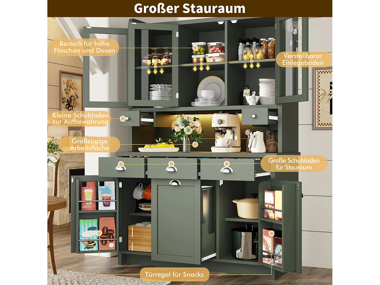 Buffet de Cuisine 120x180cm avec LED, Armoire de Rangement avec Plan de Travail, 3 Tiroirs et 3 Portes en Verre - Vert