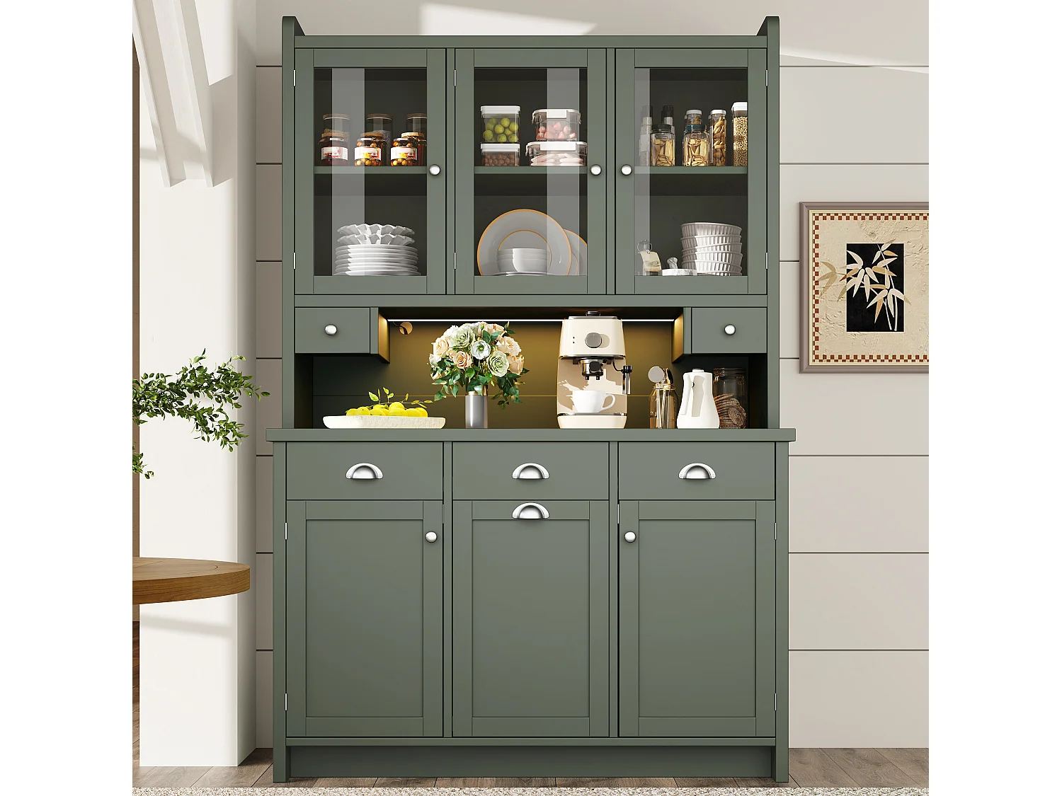 Buffet de Cuisine 120x180cm avec LED, Armoire de Rangement avec Plan de Travail, 3 Tiroirs et 3 Portes en Verre - Vert