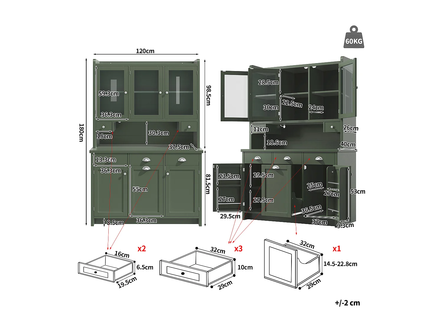 Buffet de Cuisine 120x180cm avec LED, Armoire de Rangement avec Plan de Travail, 3 Tiroirs et 3 Portes en Verre - Vert