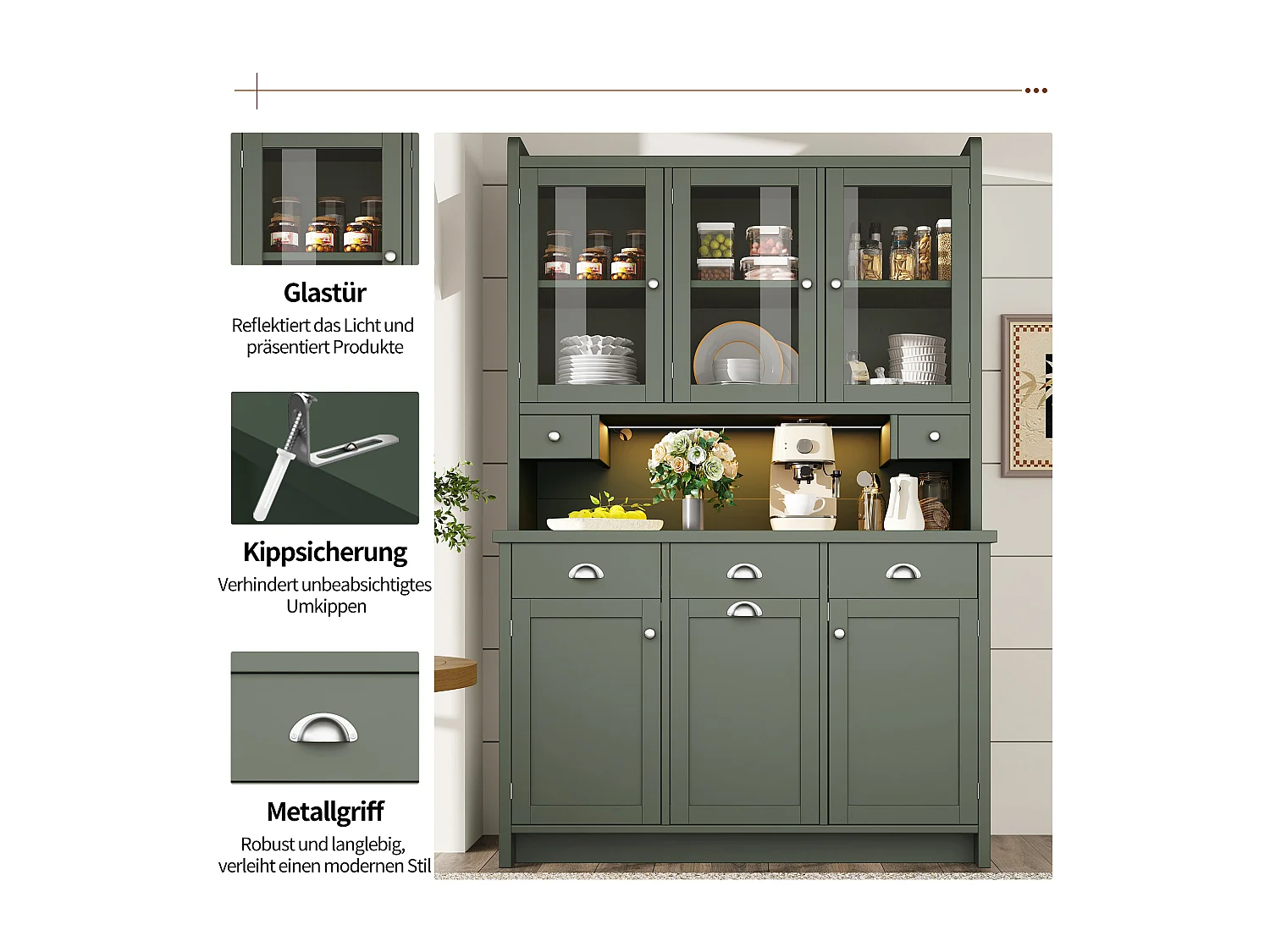 Buffet de Cuisine 120x180cm avec LED, Armoire de Rangement avec Plan de Travail, 3 Tiroirs et 3 Portes en Verre - Vert