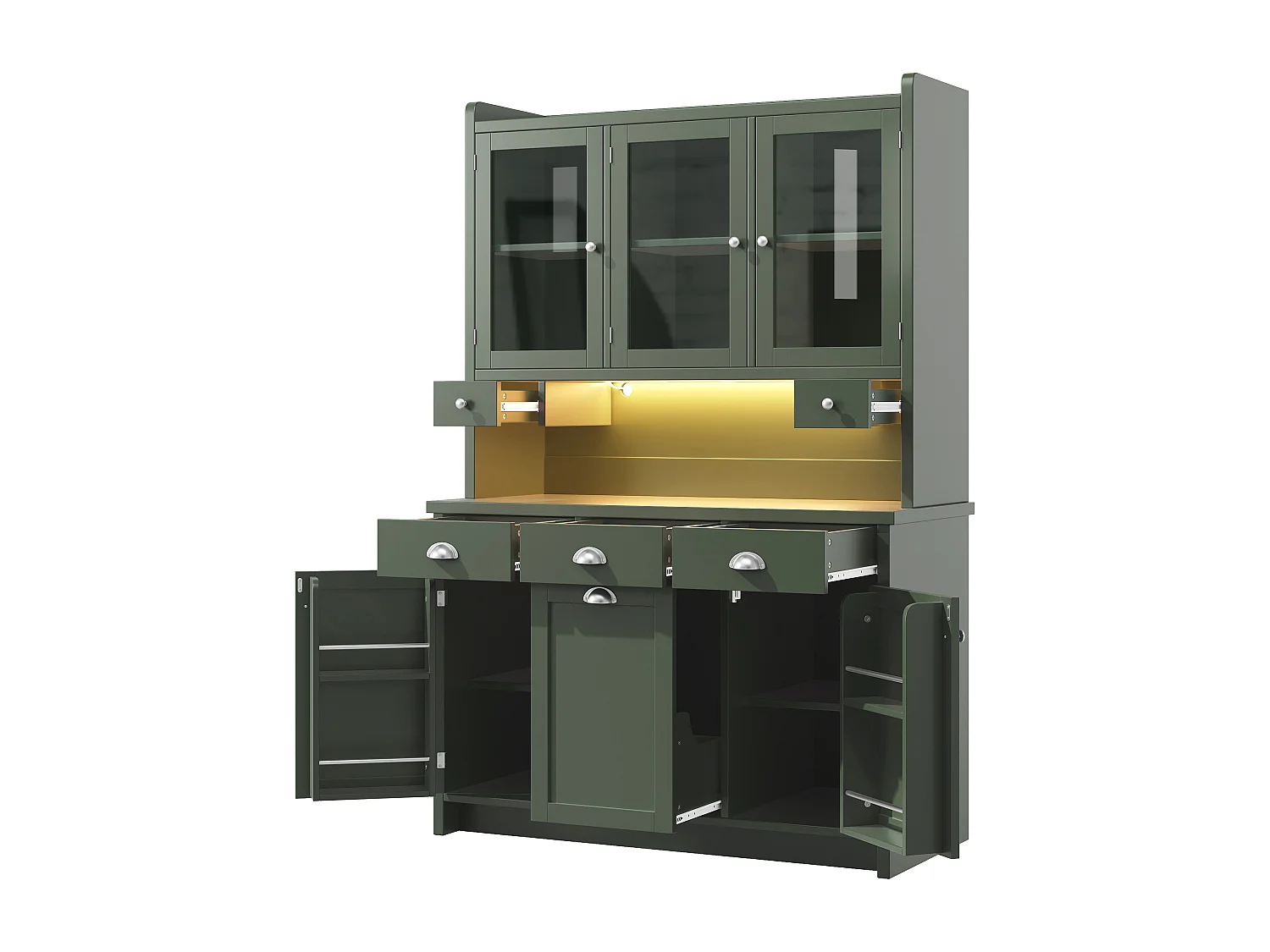 Buffet de Cuisine 120x180cm avec LED, Armoire de Rangement avec Plan de Travail, 3 Tiroirs et 3 Portes en Verre - Vert