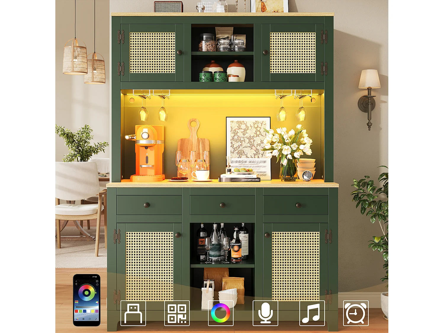 Buffet de Cuisine 120x180cm avec Portes en Rotin PE, Armoire Haute avec LED, 2 Tiroirs - Vert