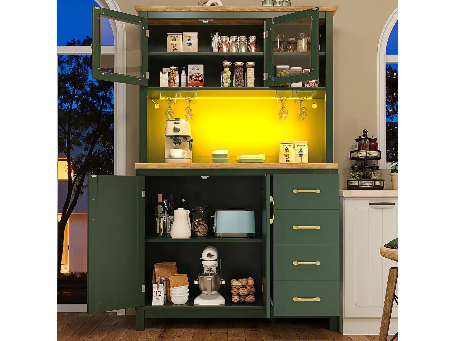 Keukenkast 105.5x180cm met LED, drankhouder, 4 deuren en schuine houtnerf - groen