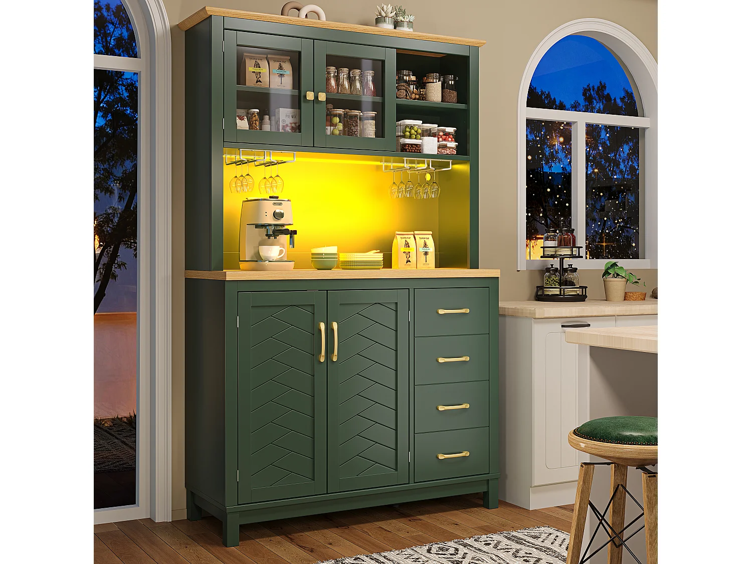 Keukenkast 105.5x180cm met LED, drankhouder, 4 deuren en schuine houtnerf - groen