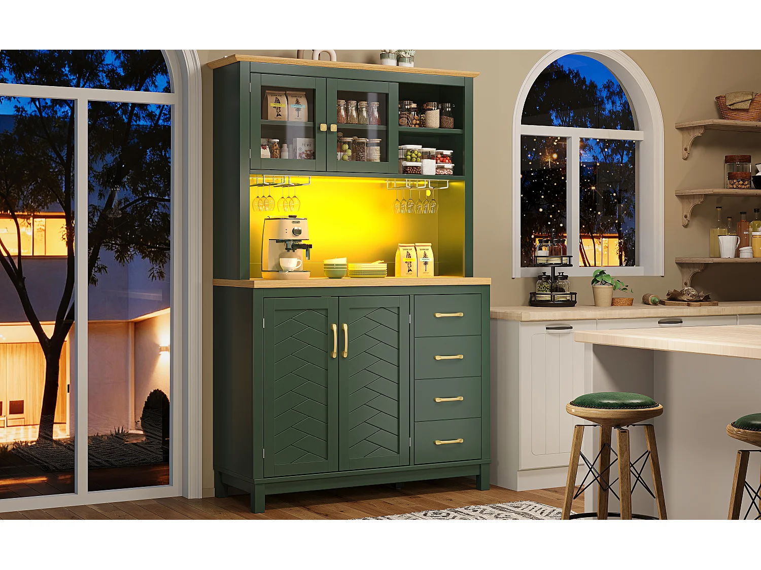 Keukenkast 105.5x180cm met LED, drankhouder, 4 deuren en schuine houtnerf - groen