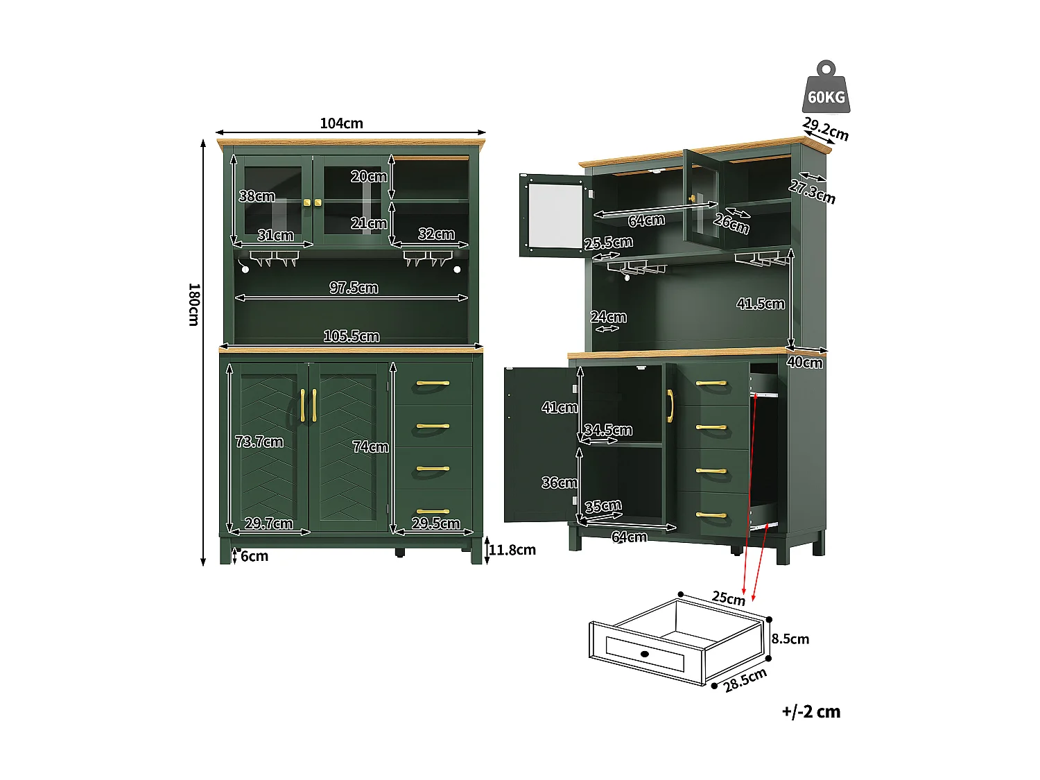 Keukenkast 105.5x180cm met LED, drankhouder, 4 deuren en schuine houtnerf - groen