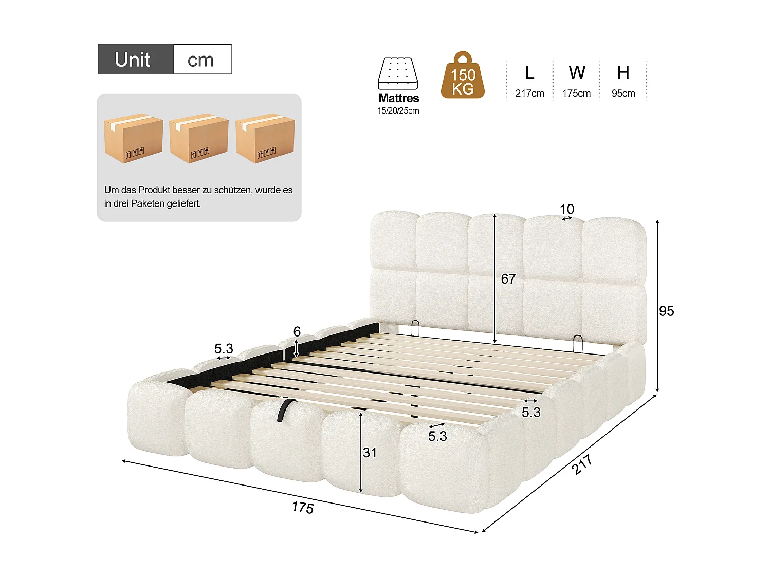 Lit double coffre capitonné 160x200 cm - avec sommier à lattes - tissu bouclé - blanc (matelas non inclus)