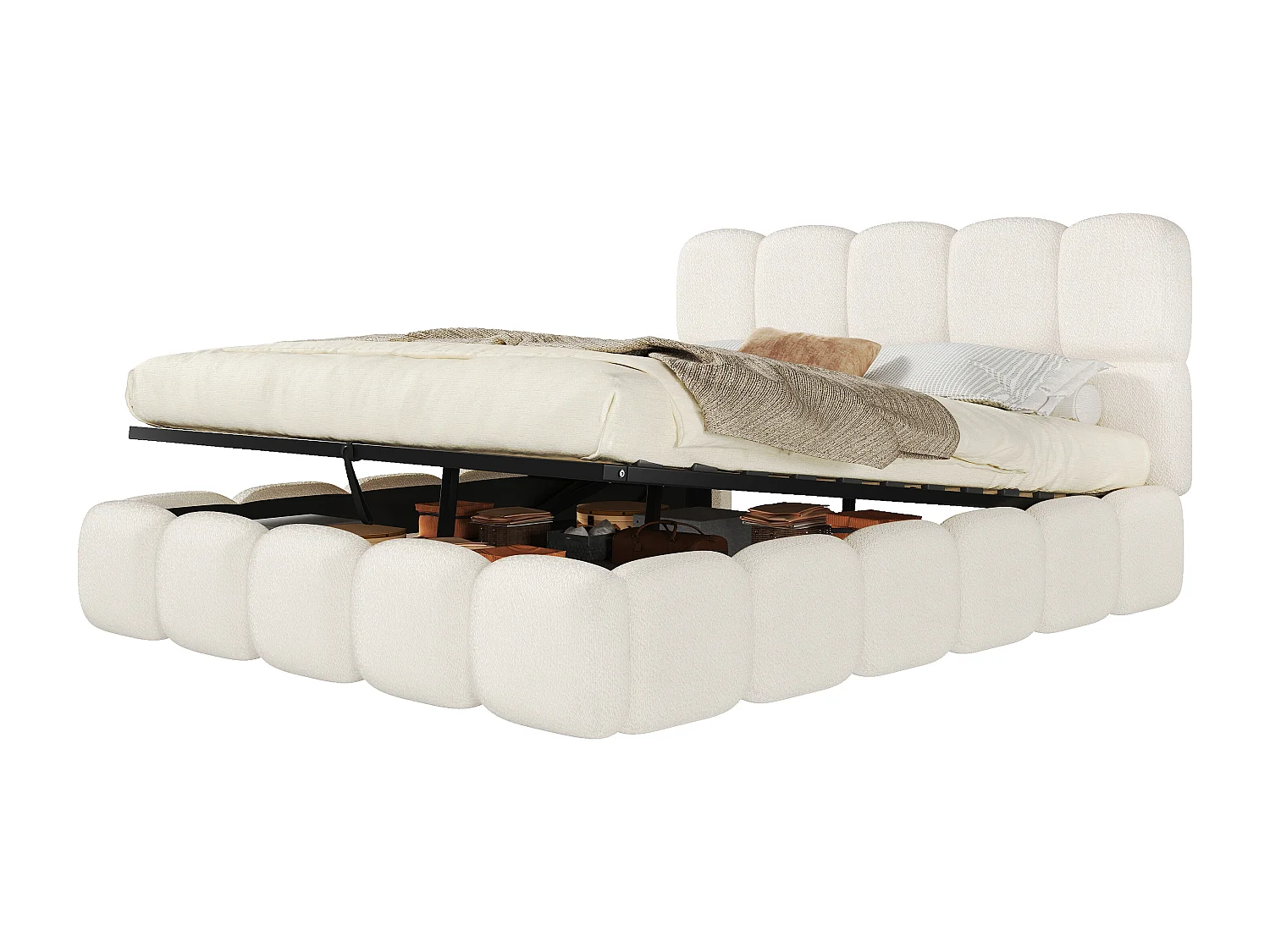 Lit double coffre capitonné 160x200 cm - avec sommier à lattes - tissu bouclé - blanc (matelas non inclus)